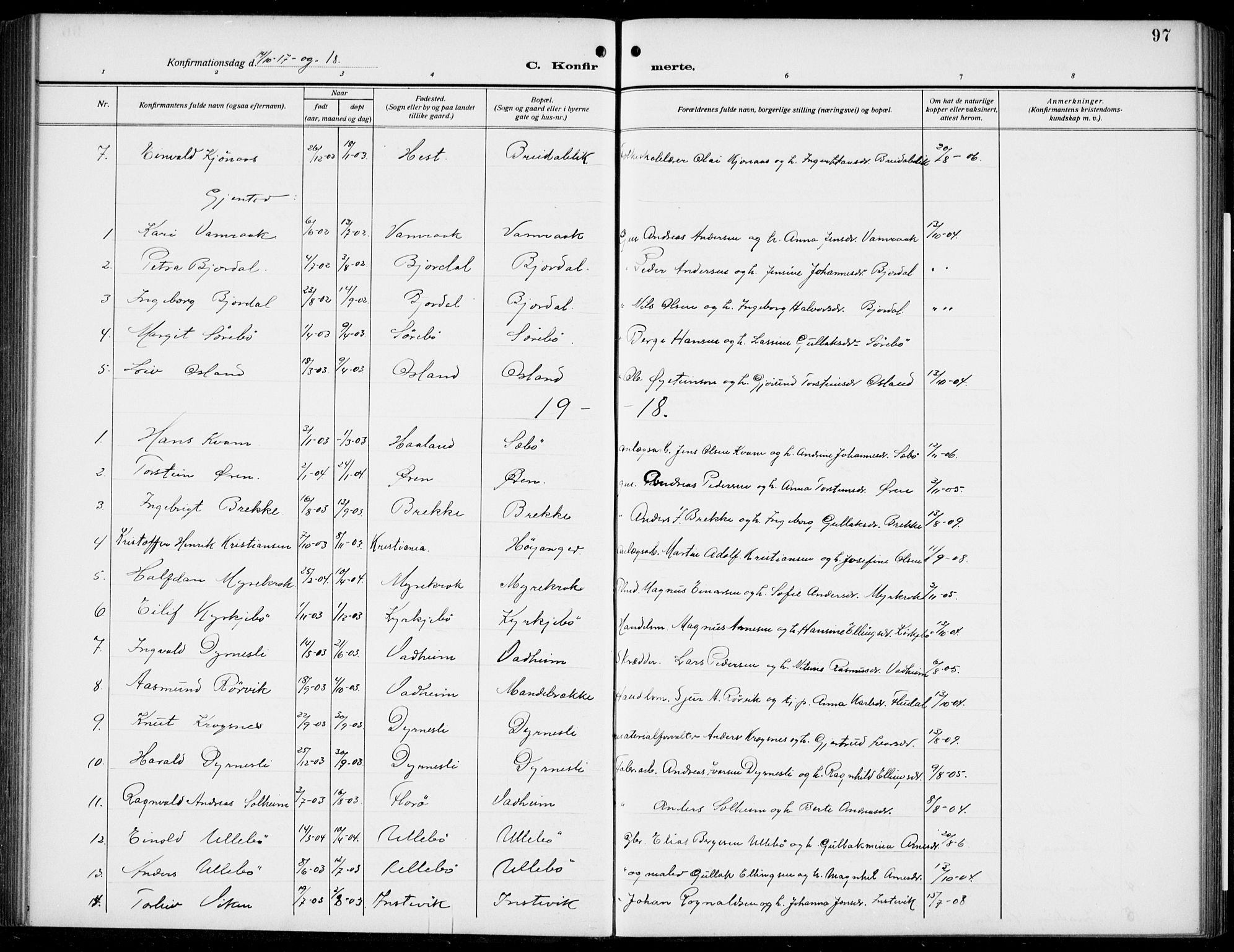 Lavik sokneprestembete, SAB/A-80901: Parish register (copy) no. B 4, 1914-1937, p. 97