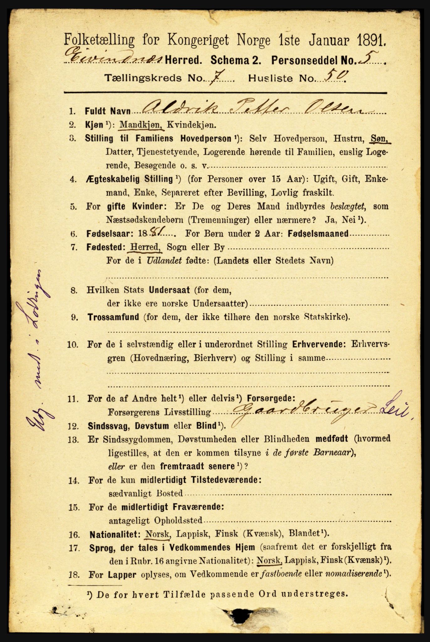 RA, 1891 census for 1853 Evenes, 1891, p. 2471