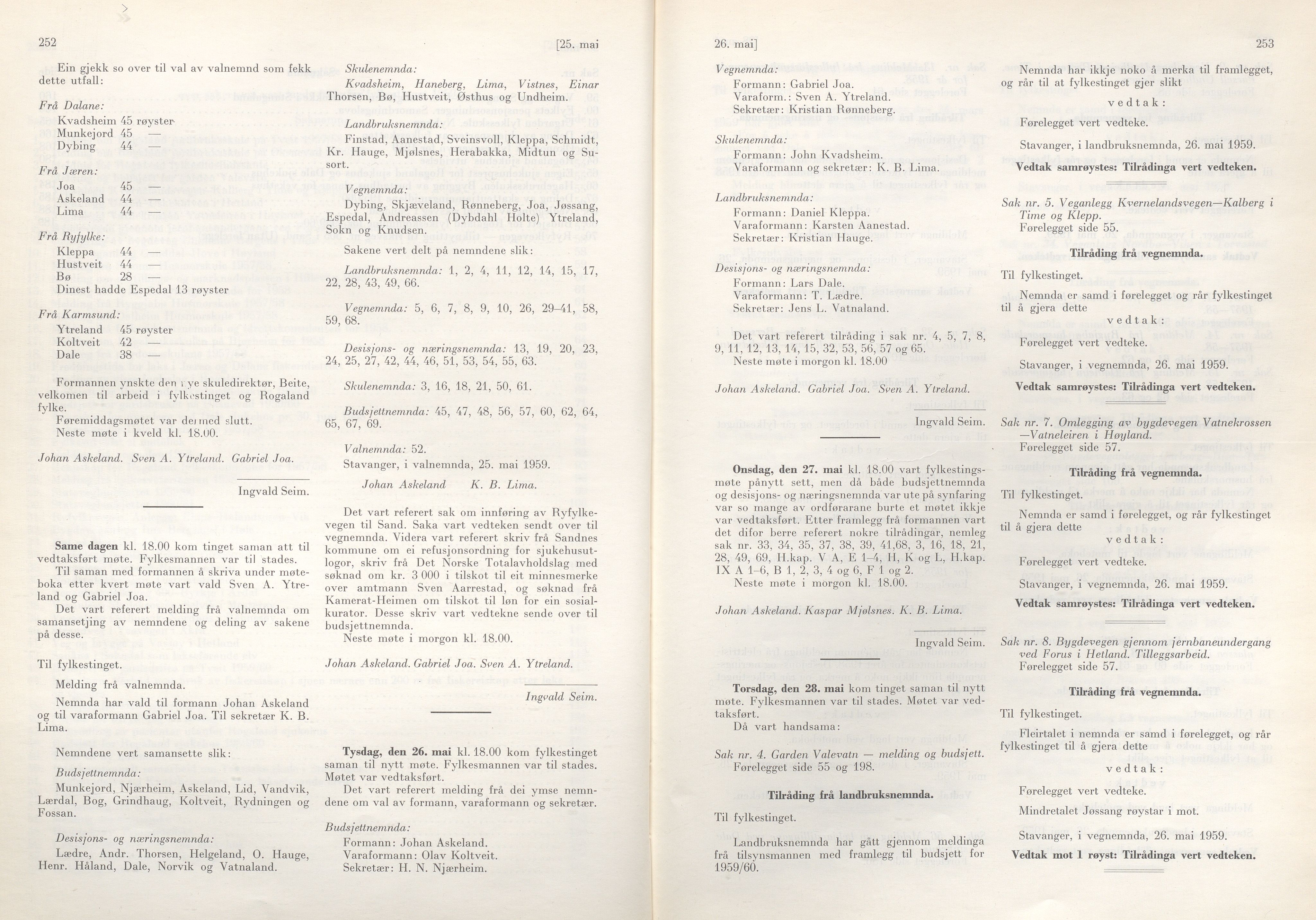 Rogaland fylkeskommune - Fylkesrådmannen , IKAR/A-900/A/Aa/Aaa/L0078: Møtebok , 1959, p. 252-253