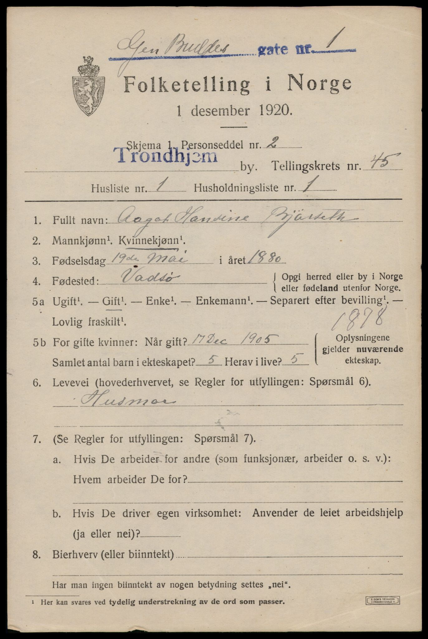 SAT, 1920 census for Trondheim, 1920, p. 96252