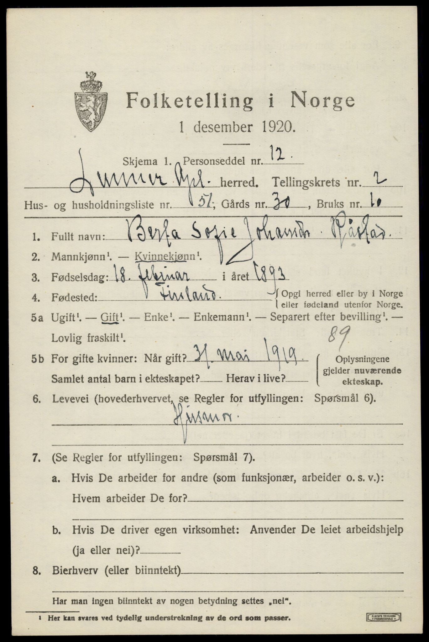 SAH, 1920 census for Lunner, 1920, p. 3565