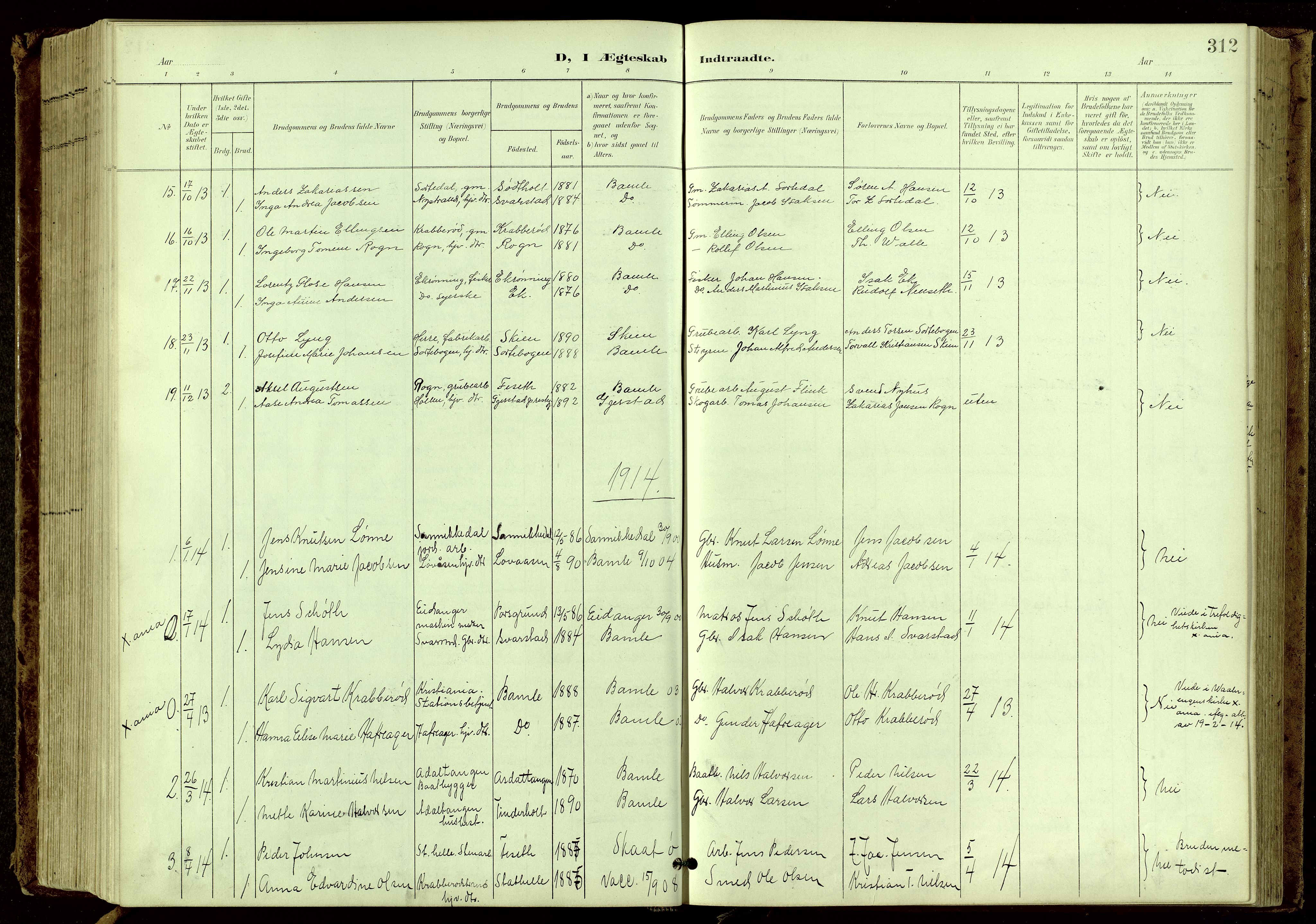 Bamble kirkebøker, SAKO/A-253/G/Ga/L0010: Parish register (copy) no. I 10, 1901-1919, p. 312