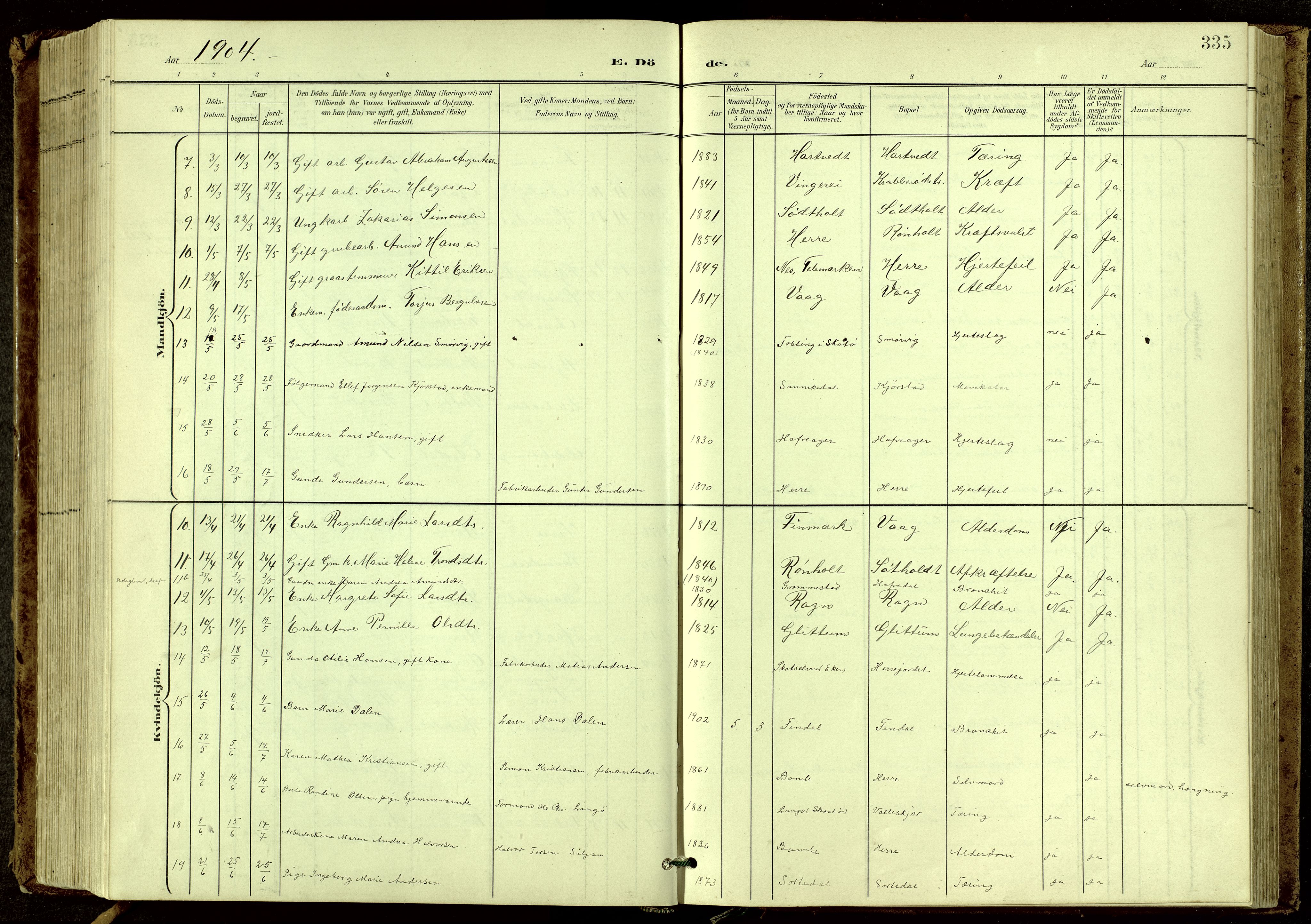 Bamble kirkebøker, SAKO/A-253/G/Ga/L0010: Parish register (copy) no. I 10, 1901-1919, p. 335