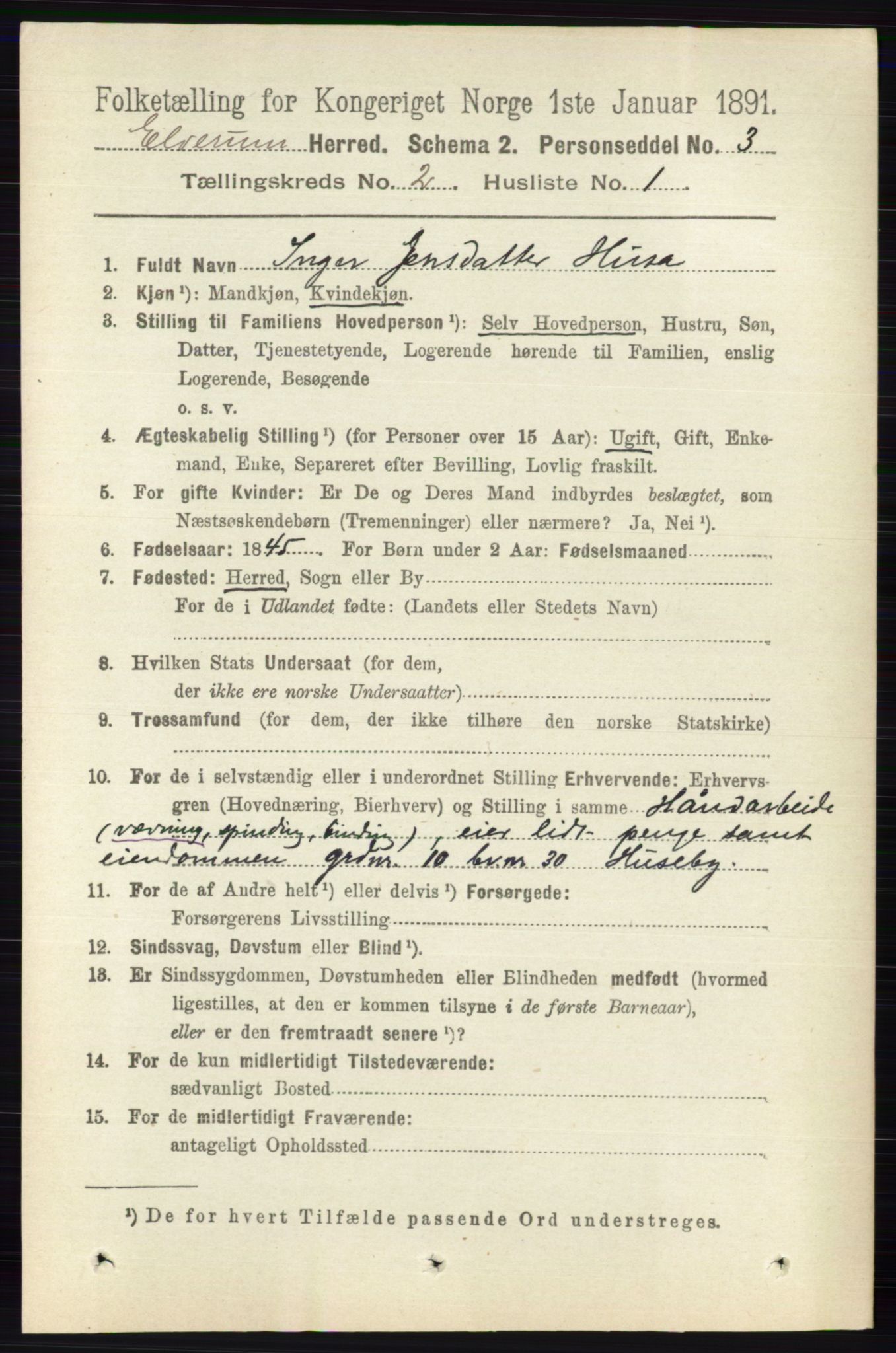 RA, 1891 census for 0427 Elverum, 1891, p. 1219