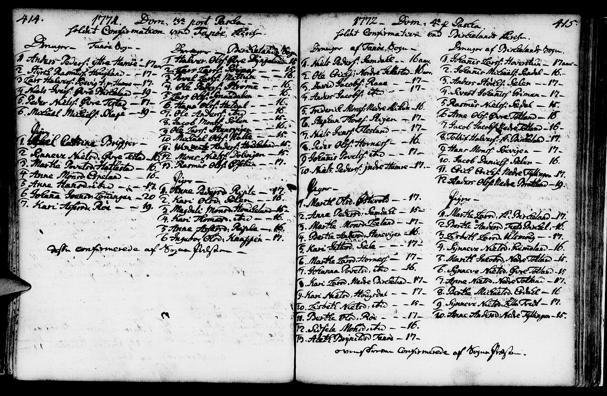 Fana Sokneprestembete, SAB/A-75101/H/Haa/Haaa/L0004: Parish register (official) no. A 4, 1757-1774, p. 414-415