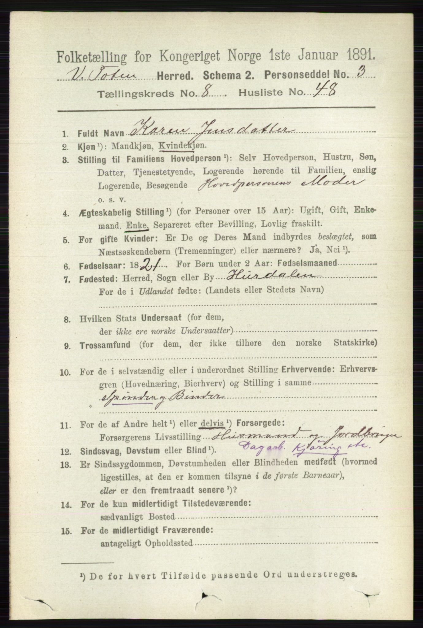 RA, 1891 census for 0529 Vestre Toten, 1891, p. 5303