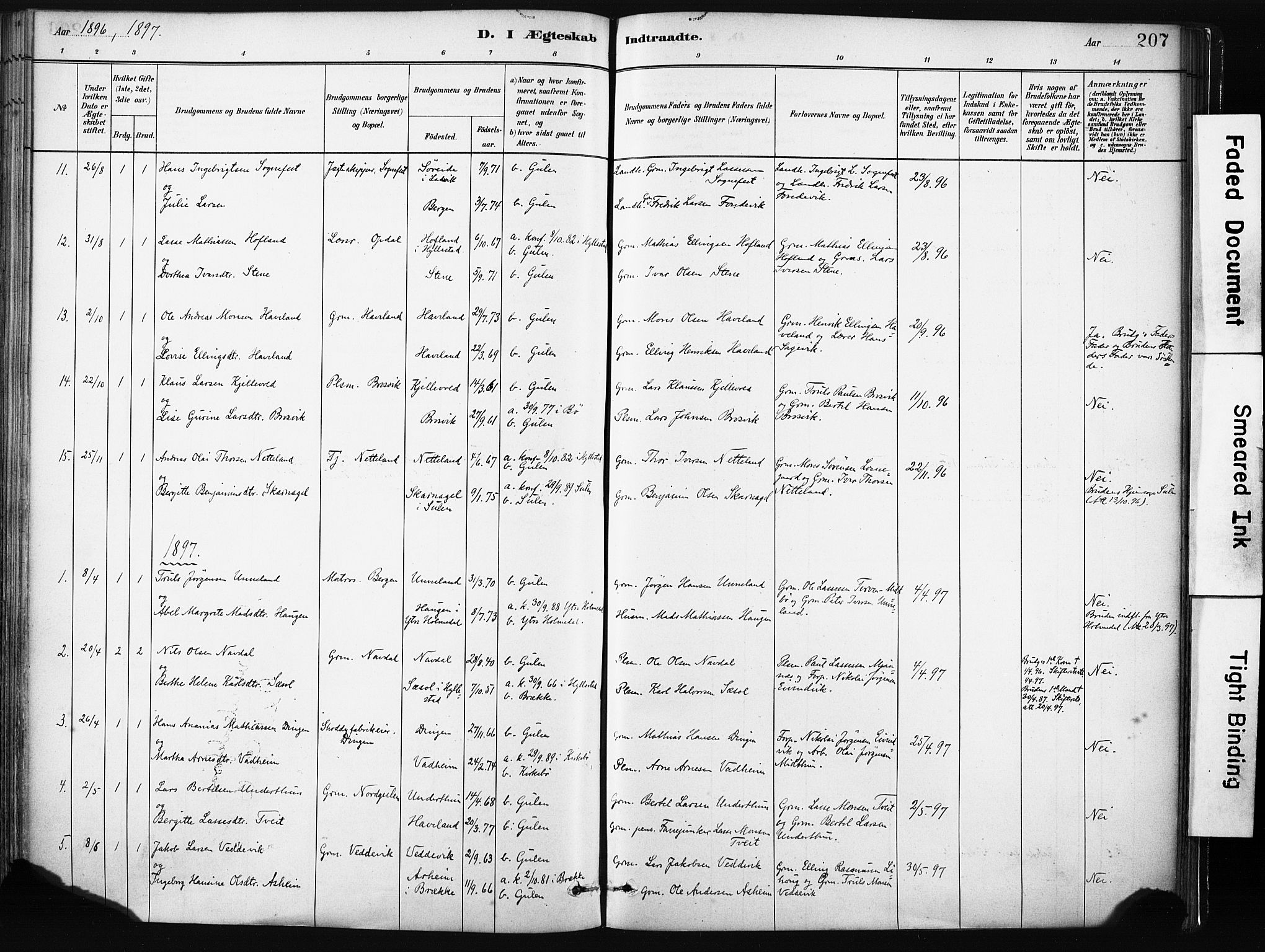 Gulen sokneprestembete, SAB/A-80201/H/Haa/Haab/L0001: Parish register (official) no. B 1, 1881-1905, p. 207