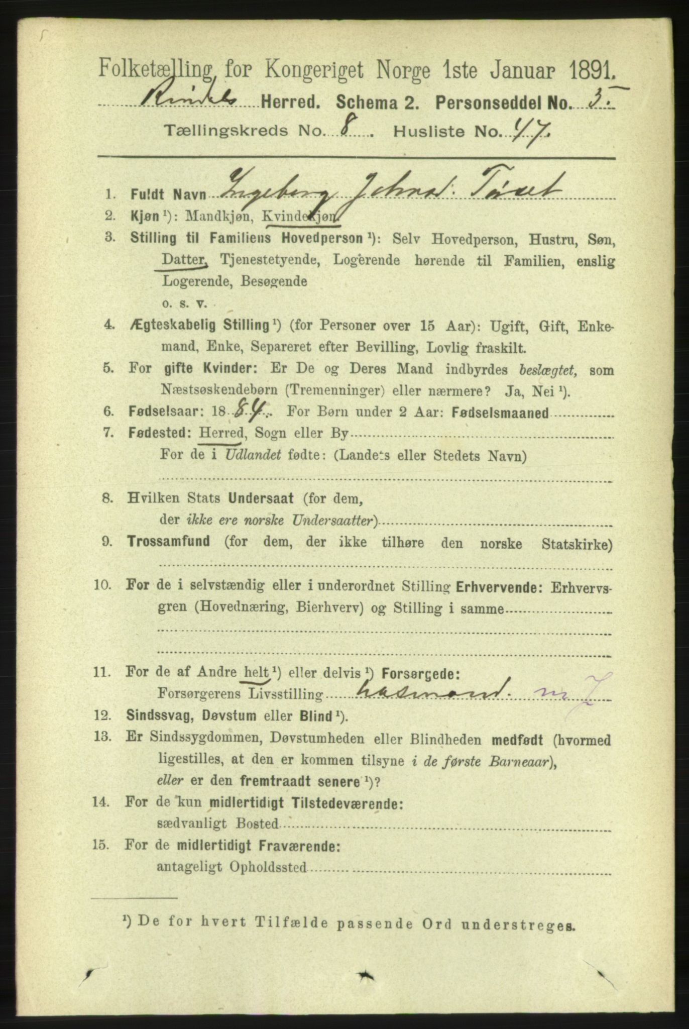 RA, 1891 census for 1567 Rindal, 1891, p. 2800