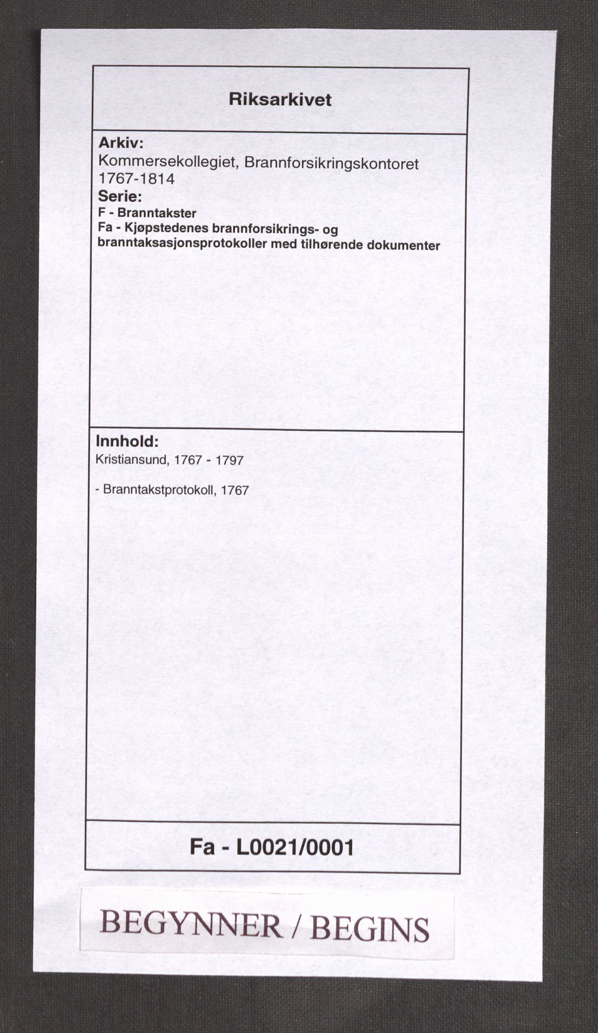 Kommersekollegiet, Brannforsikringskontoret 1767-1814, RA/EA-5458/F/Fa/L0021/0001: Kristiansund / Branntakstprotokoll, 1767