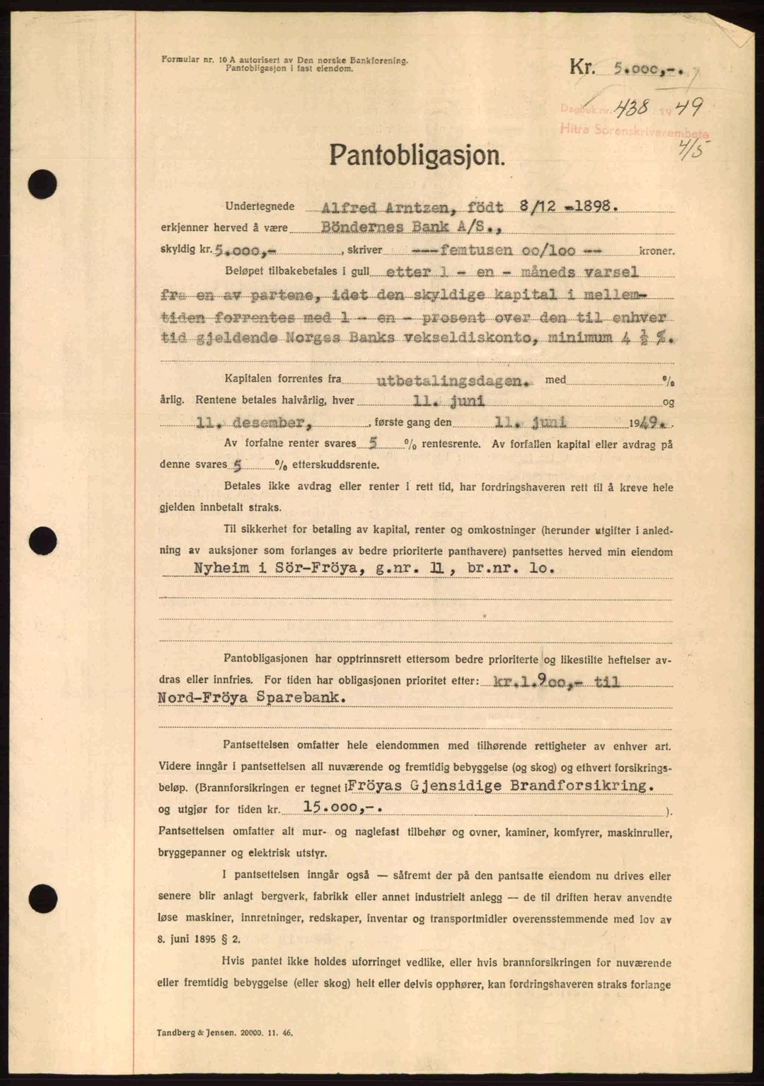 Hitra sorenskriveri, AV/SAT-A-0018/2/2C/2Ca: Mortgage book no. B1, 1939-1949, Diary no: : 438/1949