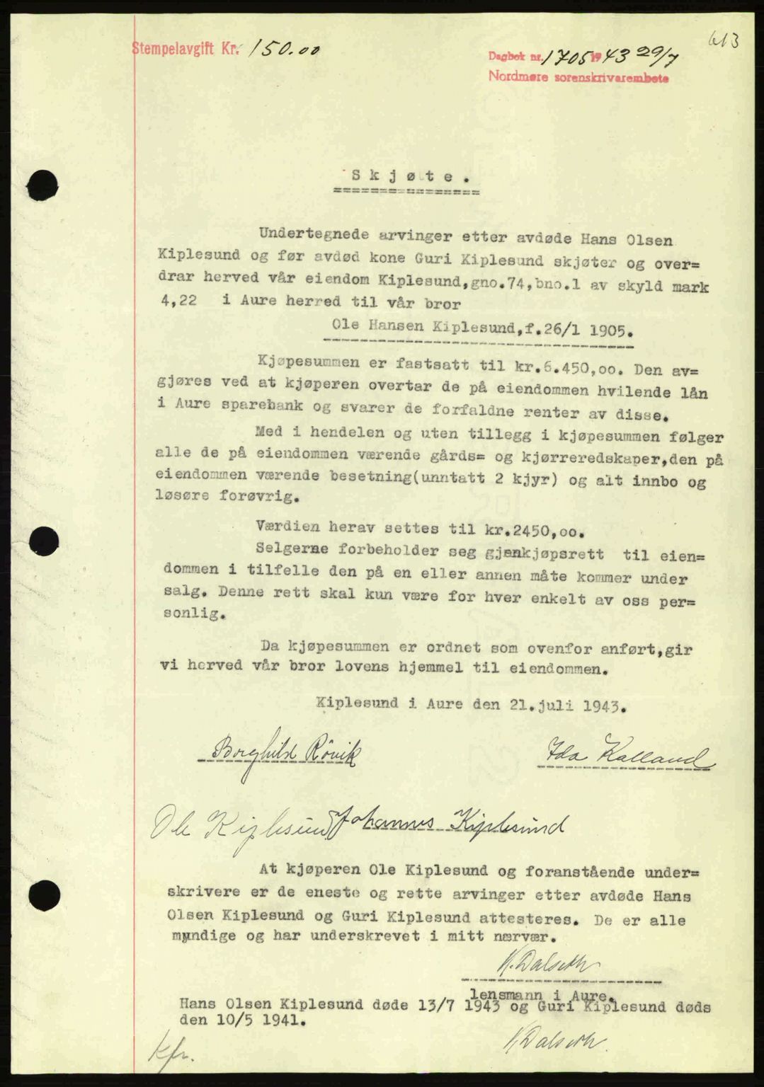 Nordmøre sorenskriveri, AV/SAT-A-4132/1/2/2Ca: Mortgage book no. A95, 1943-1943, Diary no: : 1705/1943