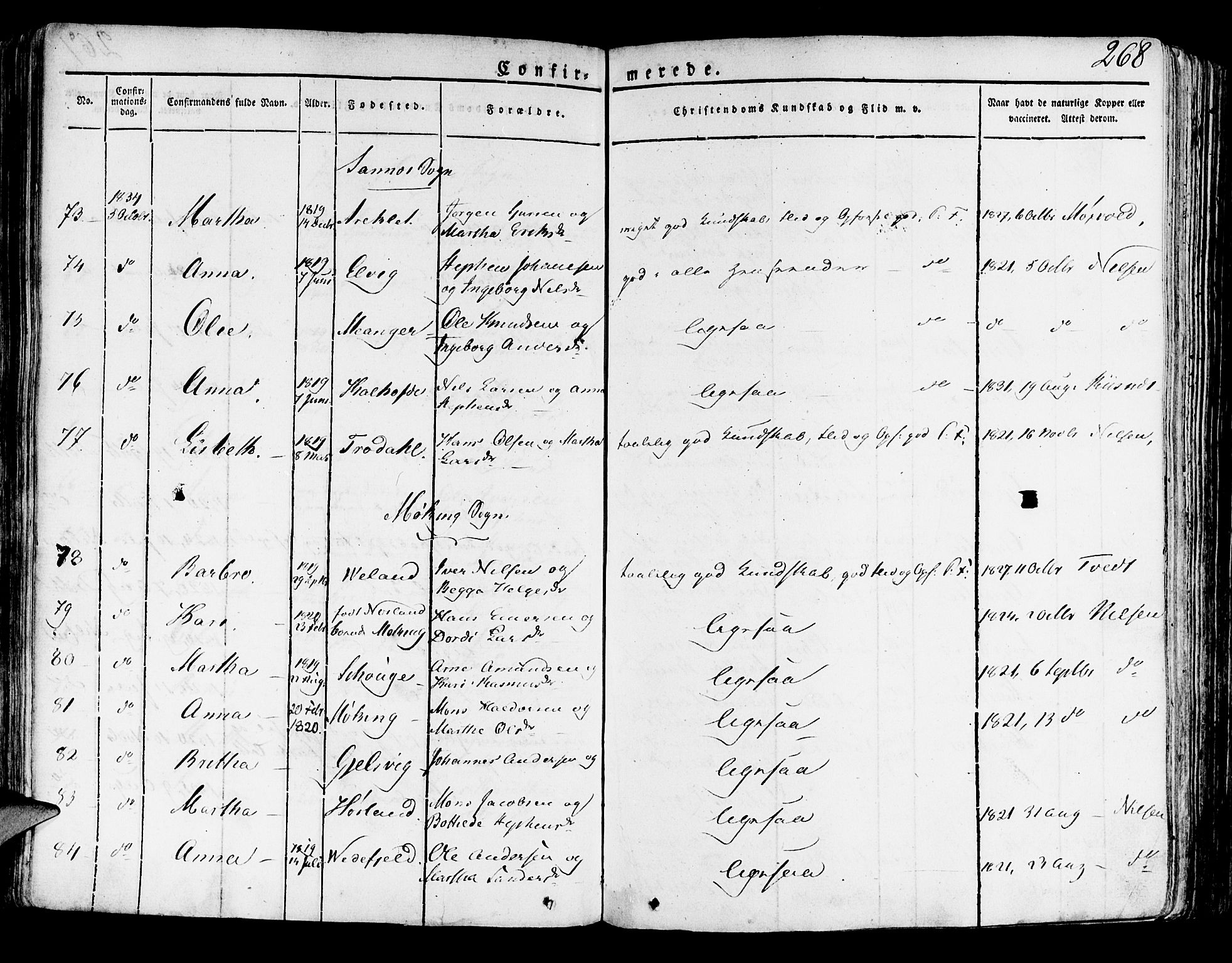 Lindås Sokneprestembete, SAB/A-76701/H/Haa: Parish register (official) no. A 8, 1823-1836, p. 268