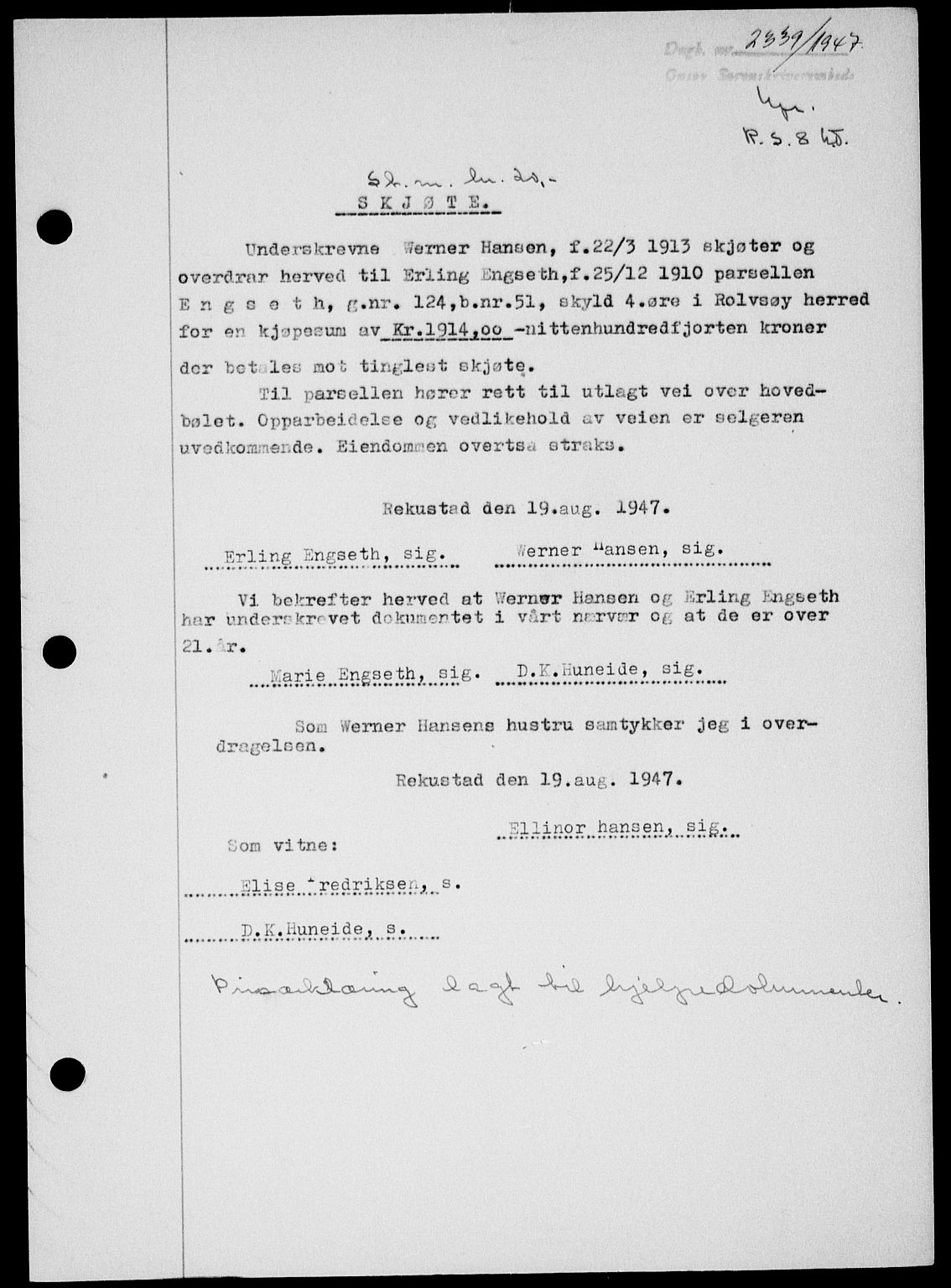 Onsøy sorenskriveri, SAO/A-10474/G/Ga/Gab/L0021: Mortgage book no. II A-21, 1947-1947, Diary no: : 2339/1947