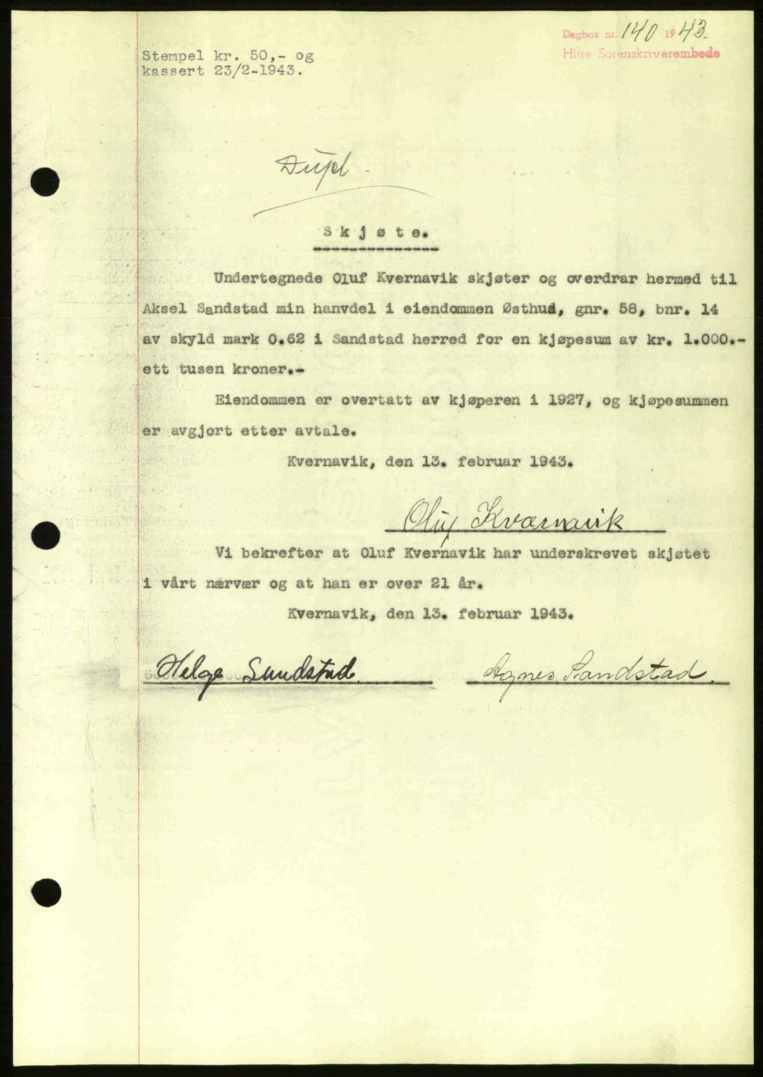 Hitra sorenskriveri, AV/SAT-A-0018/2/2C/2Ca: Mortgage book no. A2, 1943-1945, Diary no: : 140/1943