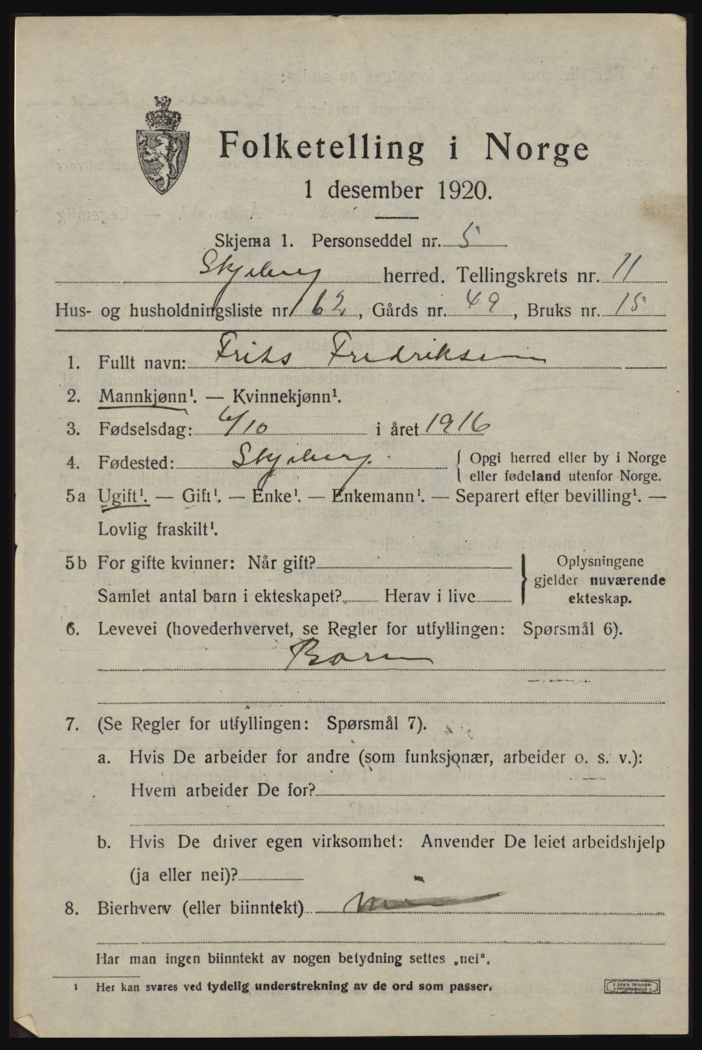 SAO, 1920 census for Skjeberg, 1920, p. 10191