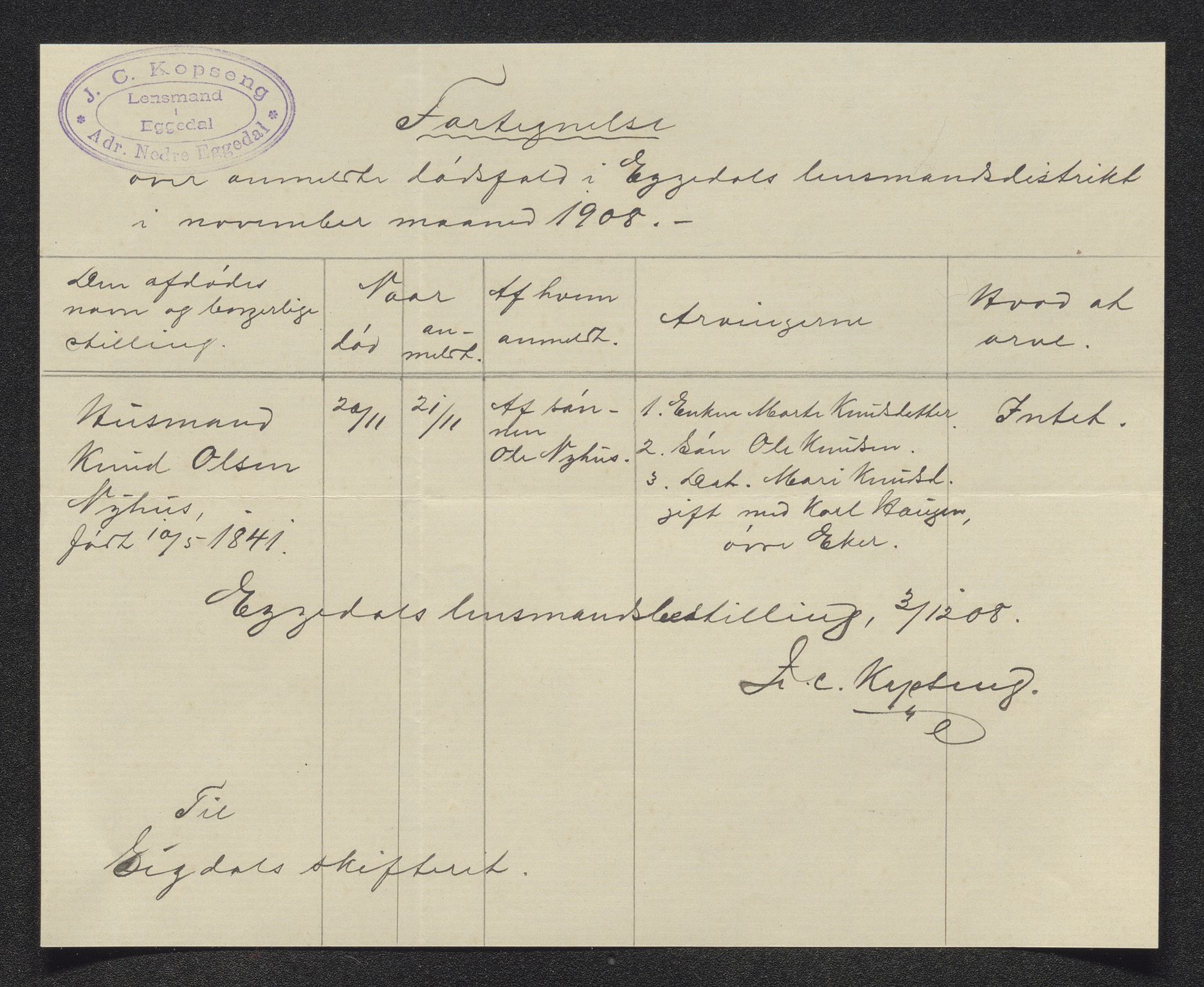 Eiker, Modum og Sigdal sorenskriveri, AV/SAKO-A-123/H/Ha/Hab/L0032: Dødsfallsmeldinger, 1907-1908, p. 761