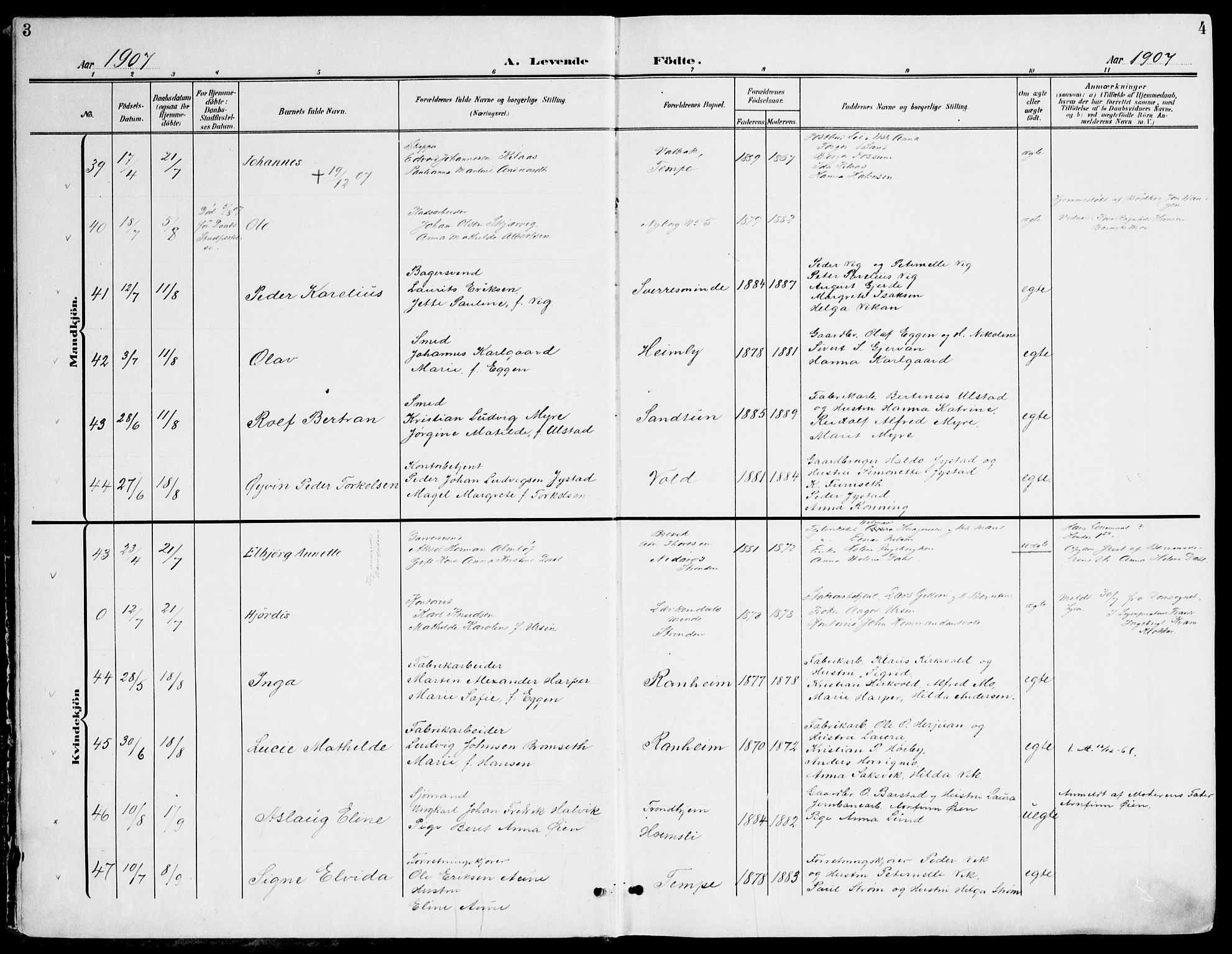 Ministerialprotokoller, klokkerbøker og fødselsregistre - Sør-Trøndelag, AV/SAT-A-1456/607/L0320: Parish register (official) no. 607A04, 1907-1915, p. 3-4