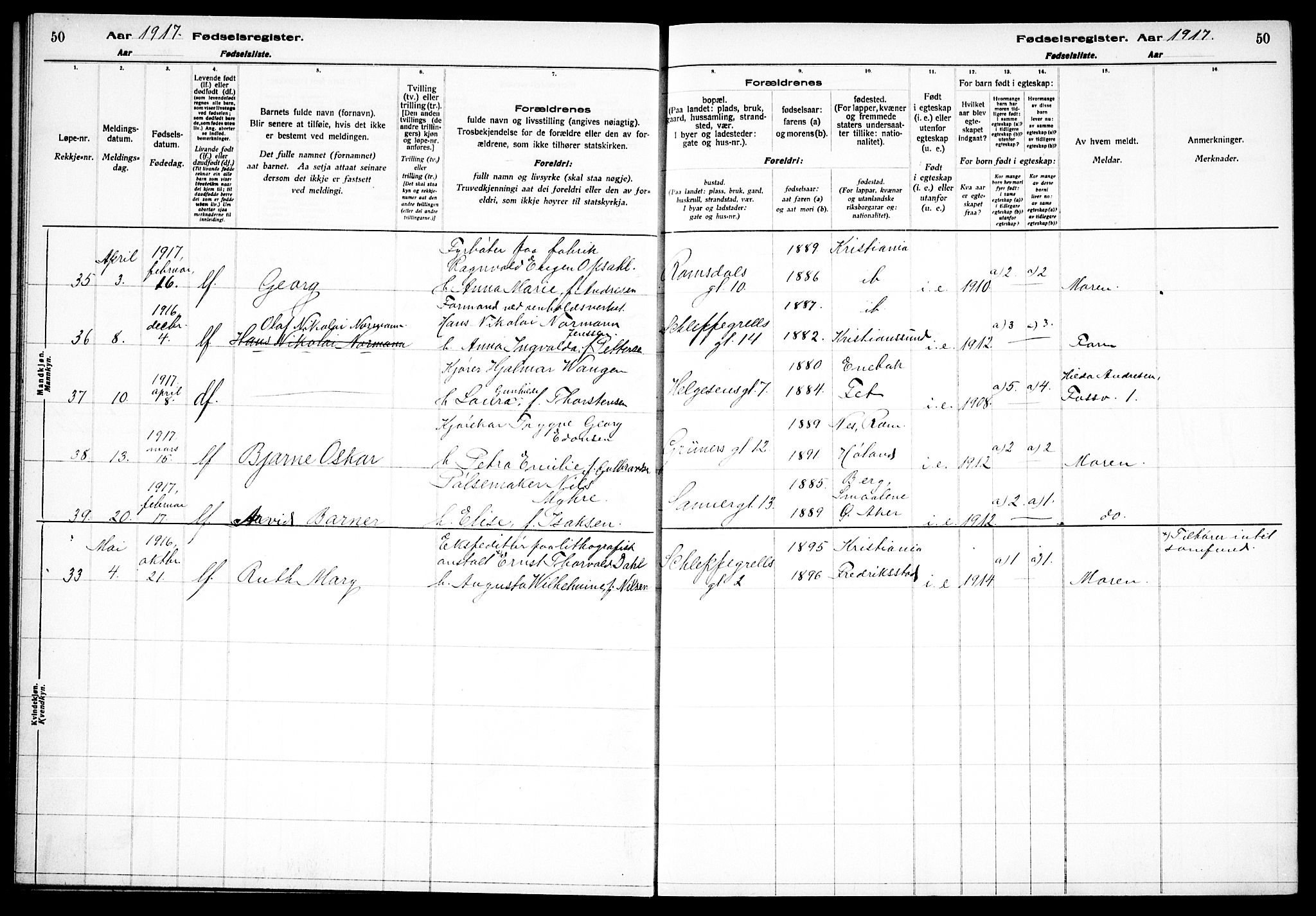 Paulus prestekontor Kirkebøker, AV/SAO-A-10871/J/Ja/L0001: Birth register no. 1, 1916-1923, p. 50