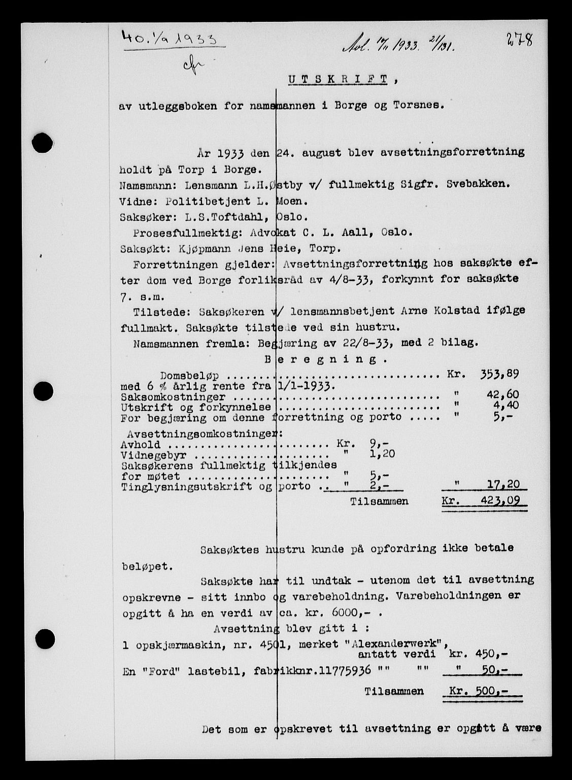 Tune sorenskriveri, AV/SAO-A-10470/G/Gb/Gbb/L0004: Mortgage book no. II 20-24, 1933-1935, Deed date: 01.09.1933