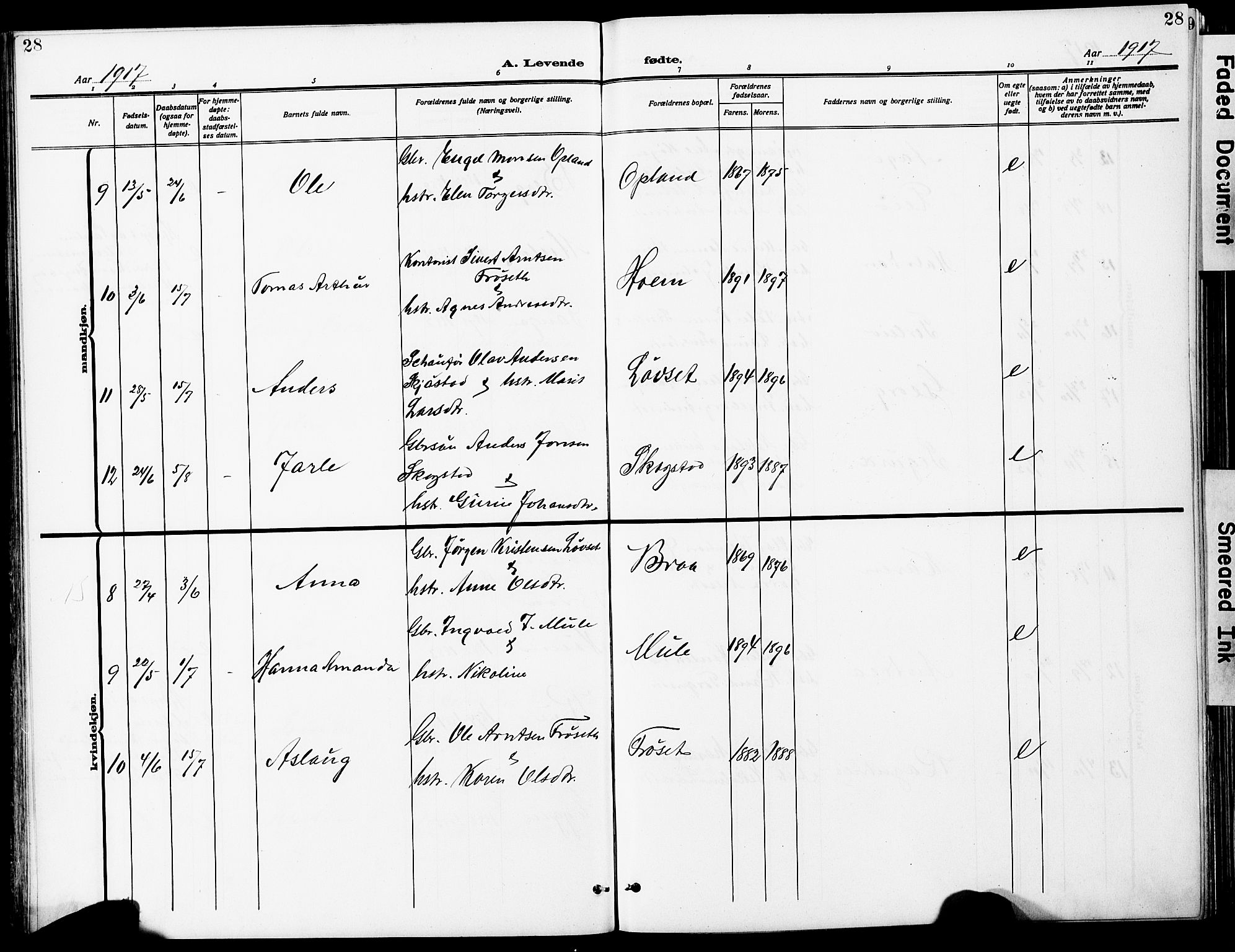 Ministerialprotokoller, klokkerbøker og fødselsregistre - Sør-Trøndelag, AV/SAT-A-1456/612/L0388: Parish register (copy) no. 612C04, 1909-1929, p. 28