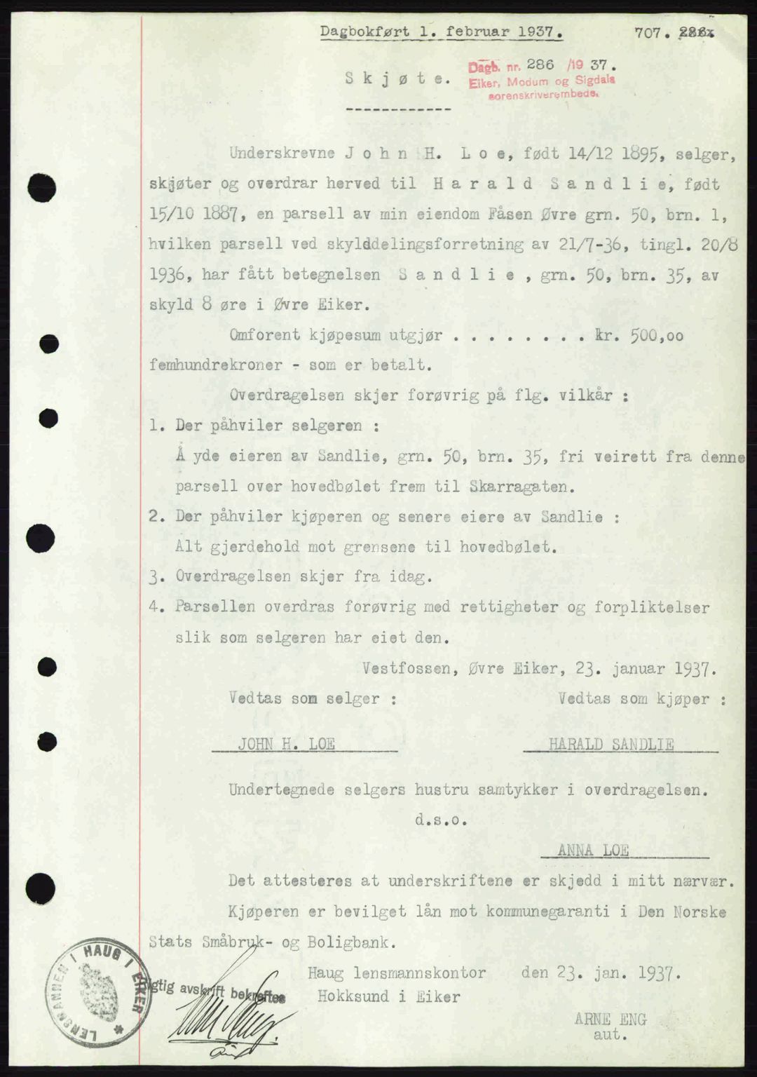 Eiker, Modum og Sigdal sorenskriveri, SAKO/A-123/G/Ga/Gab/L0034: Mortgage book no. A4, 1936-1937, Diary no: : 286/1937