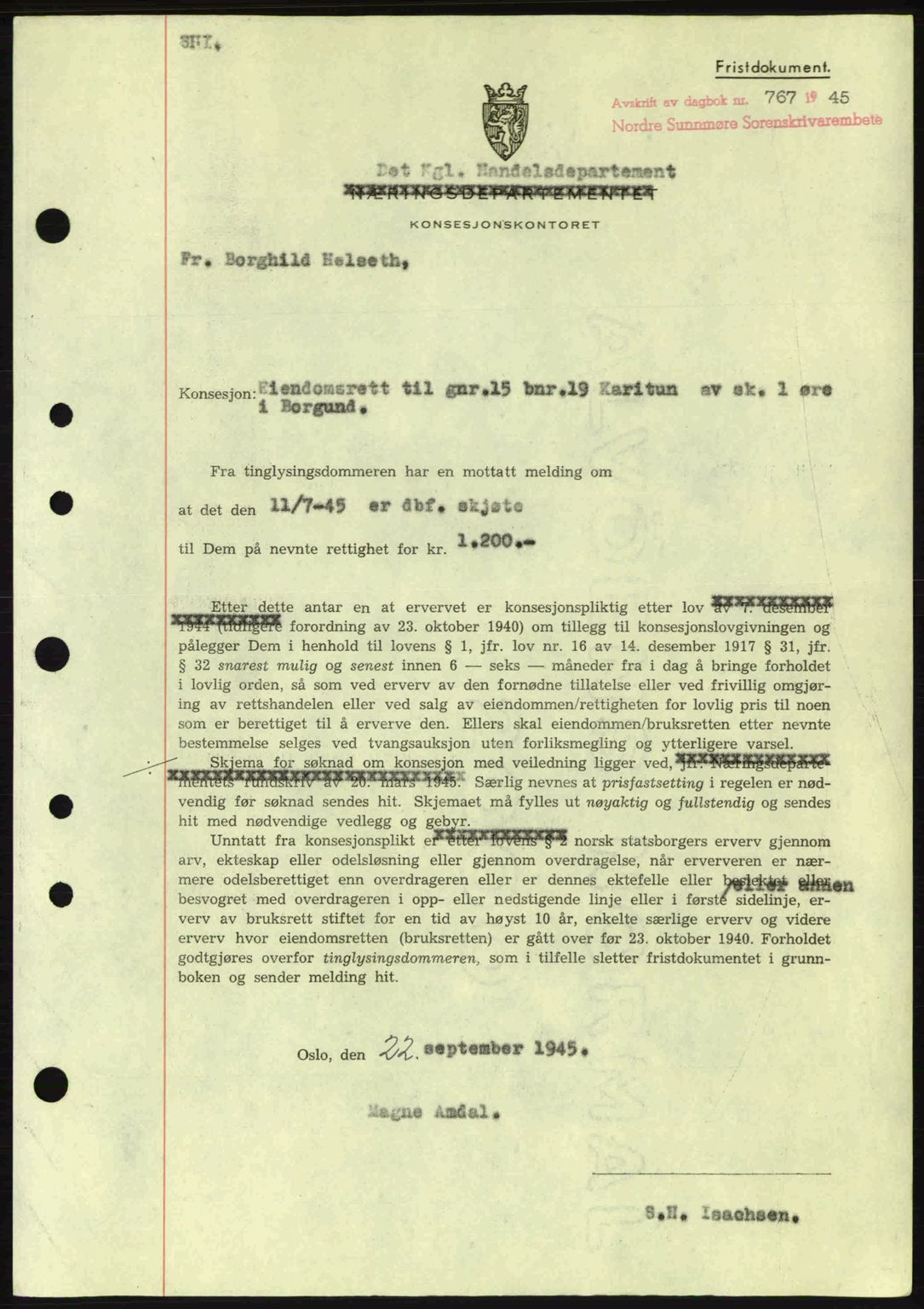 Nordre Sunnmøre sorenskriveri, SAT/A-0006/1/2/2C/2Ca: Mortgage book no. B6-14 a, 1942-1945, Diary no: : 767/1945