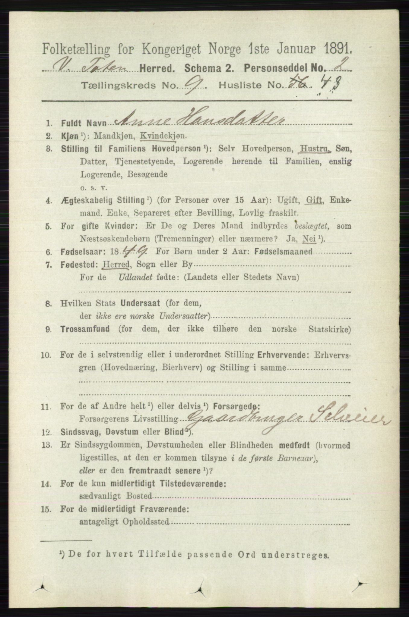 RA, 1891 census for 0529 Vestre Toten, 1891, p. 5815