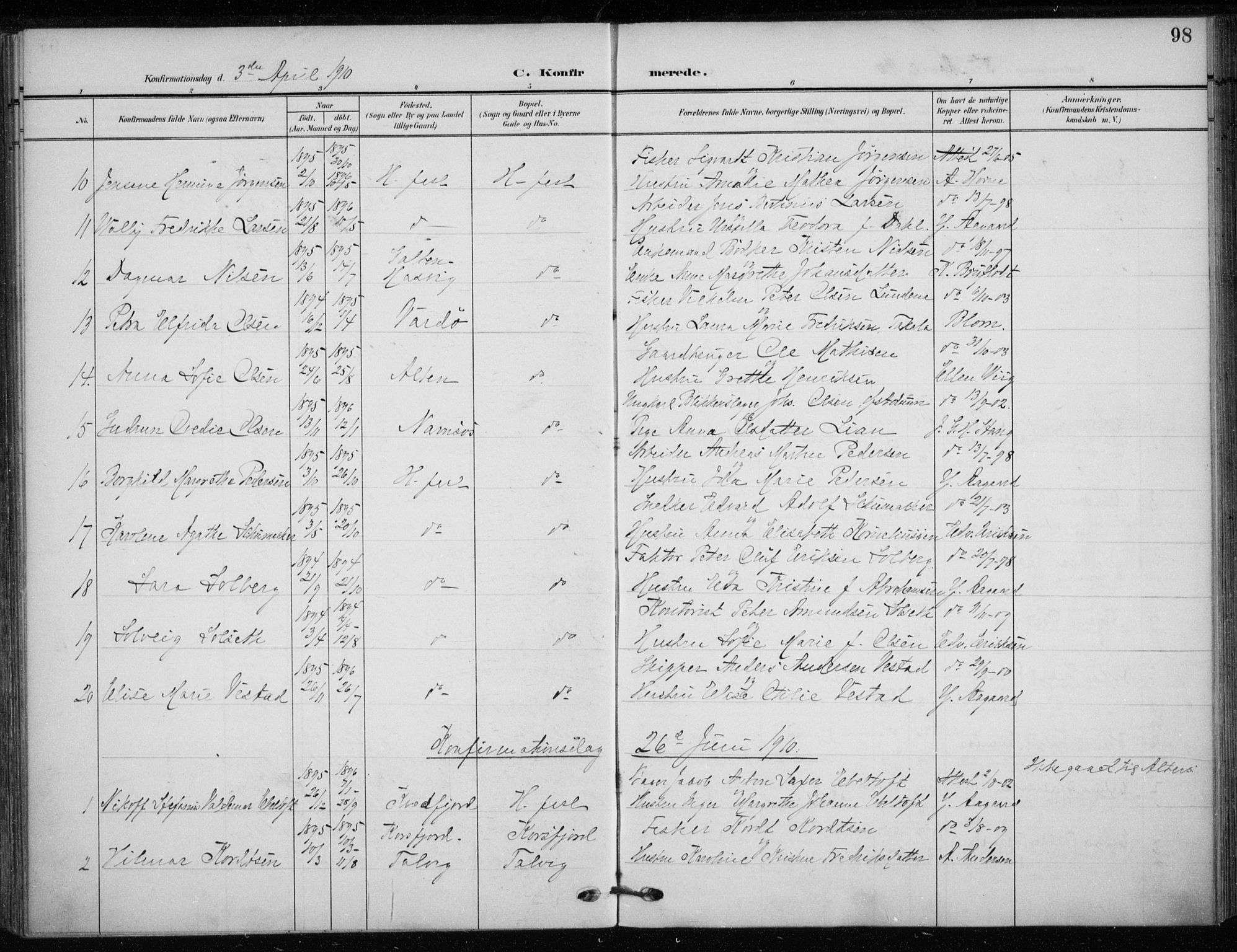 Hammerfest sokneprestkontor, AV/SATØ-S-1347/H/Ha/L0014.kirke: Parish register (official) no. 14, 1906-1916, p. 98