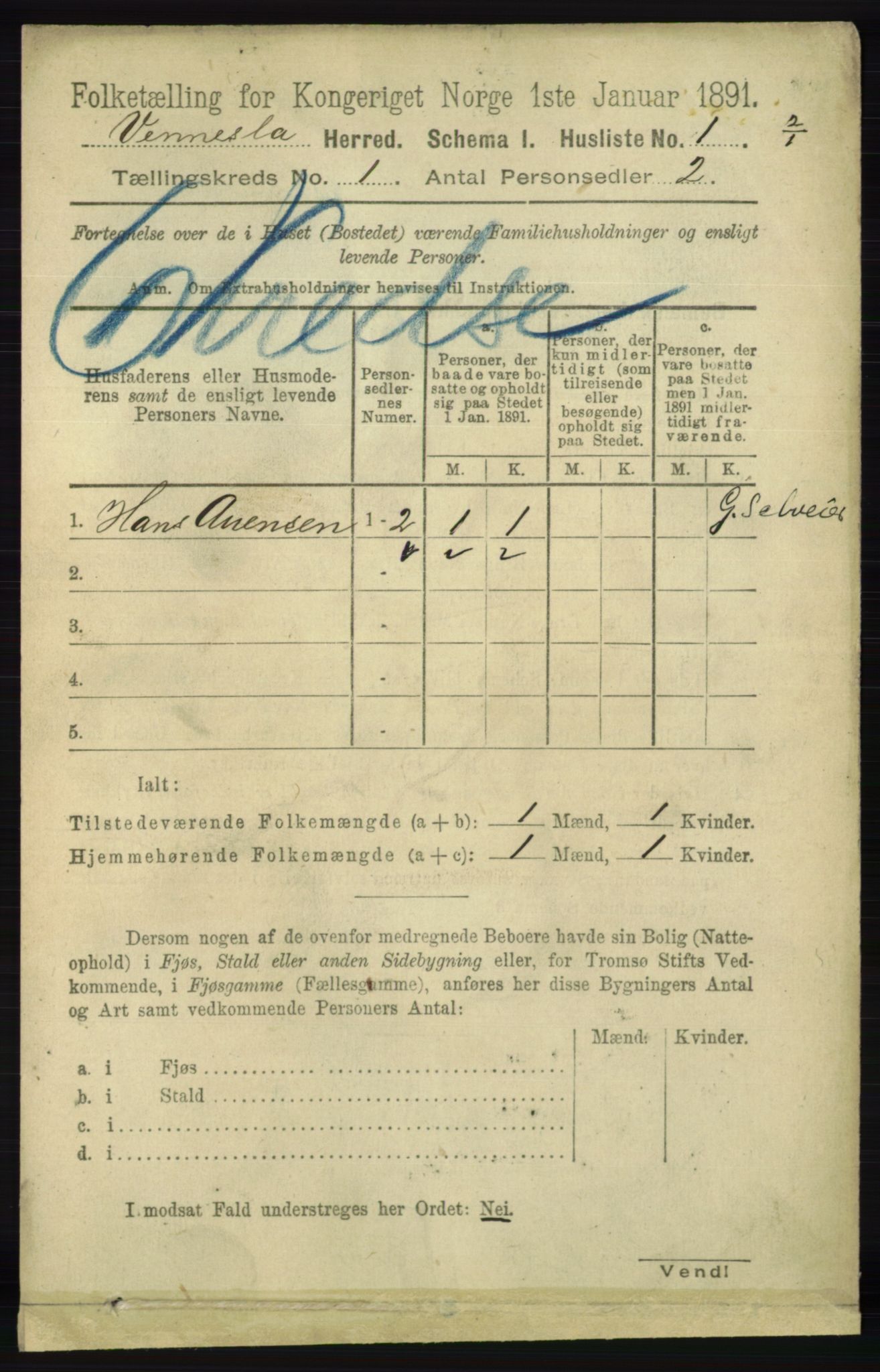 RA, 1891 census for 1014 Vennesla, 1891, p. 17