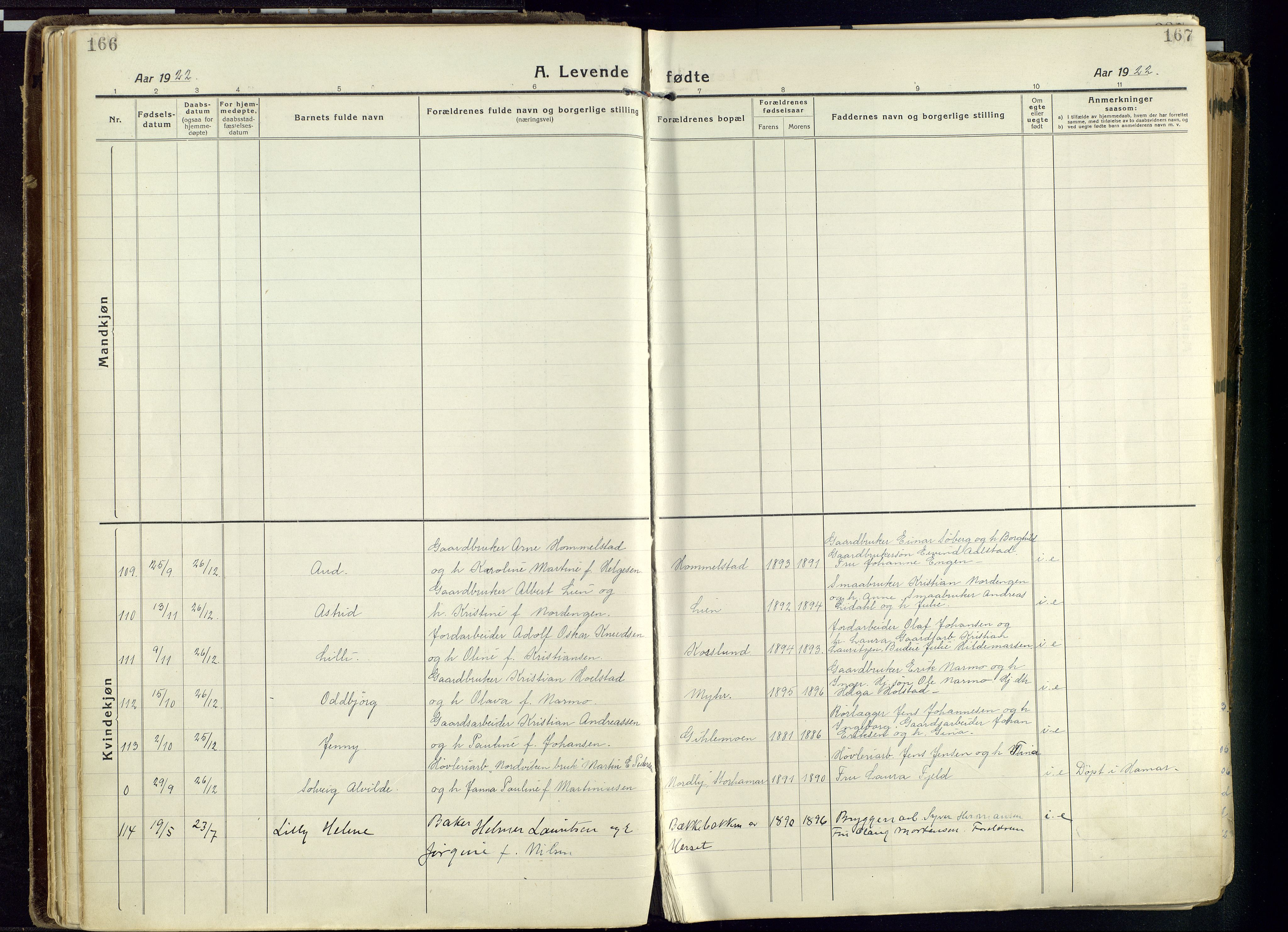 Vang prestekontor, Hedmark, AV/SAH-PREST-008/H/Ha/Haa/L0022: Parish register (official) no. 22, 1918-1944, p. 166-167