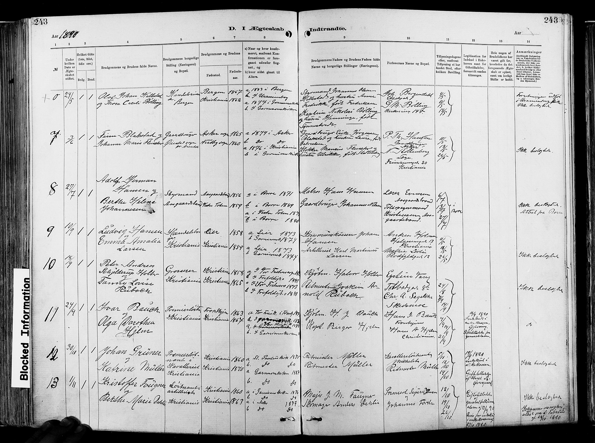 Garnisonsmenigheten Kirkebøker, AV/SAO-A-10846/F/Fa/L0012: Parish register (official) no. 12, 1880-1893, p. 243