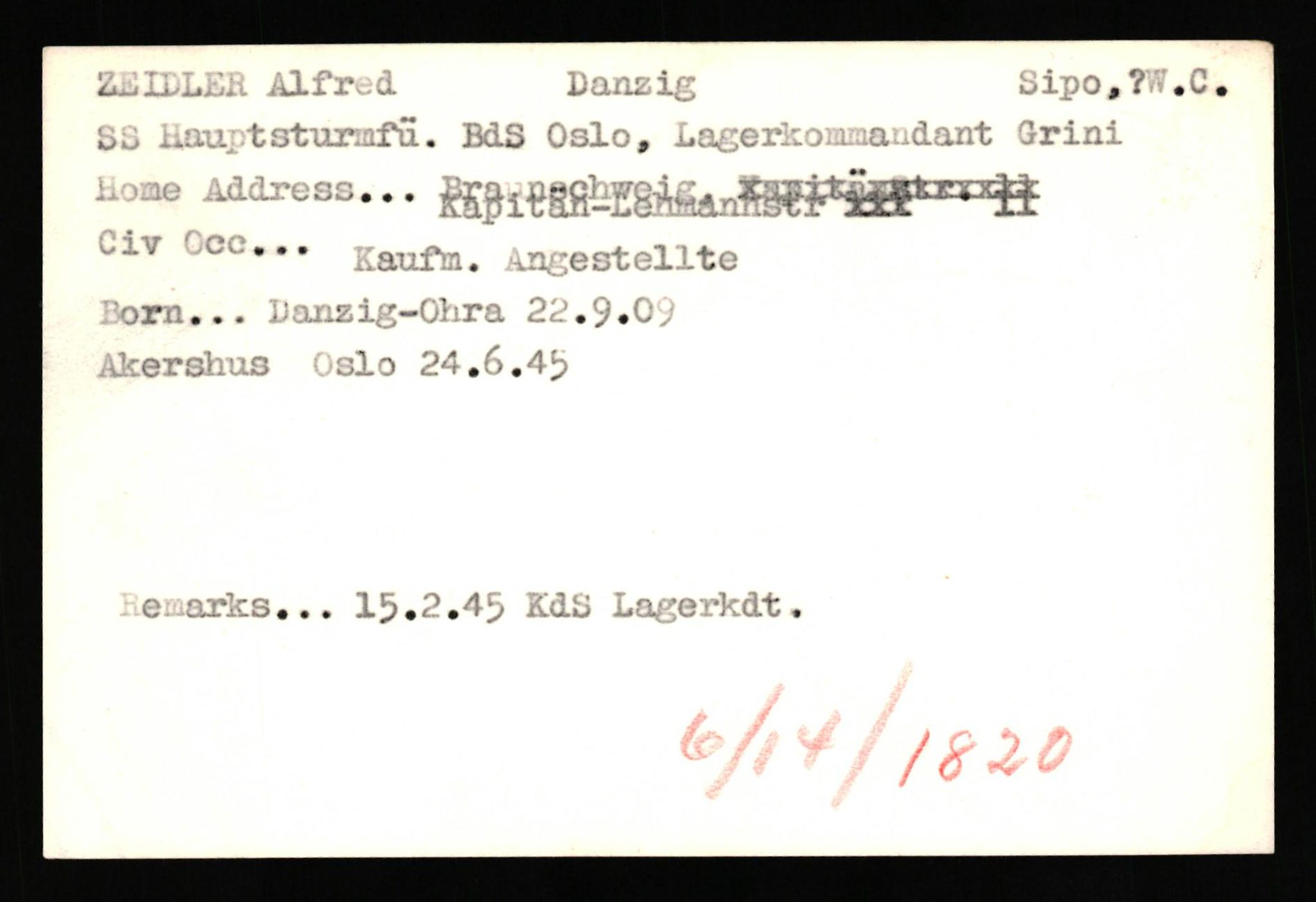 Forsvaret, Forsvarets overkommando II, AV/RA-RAFA-3915/D/Db/L0037: CI Questionaires. Tyske okkupasjonsstyrker i Norge. Tyskere., 1945-1946, p. 117