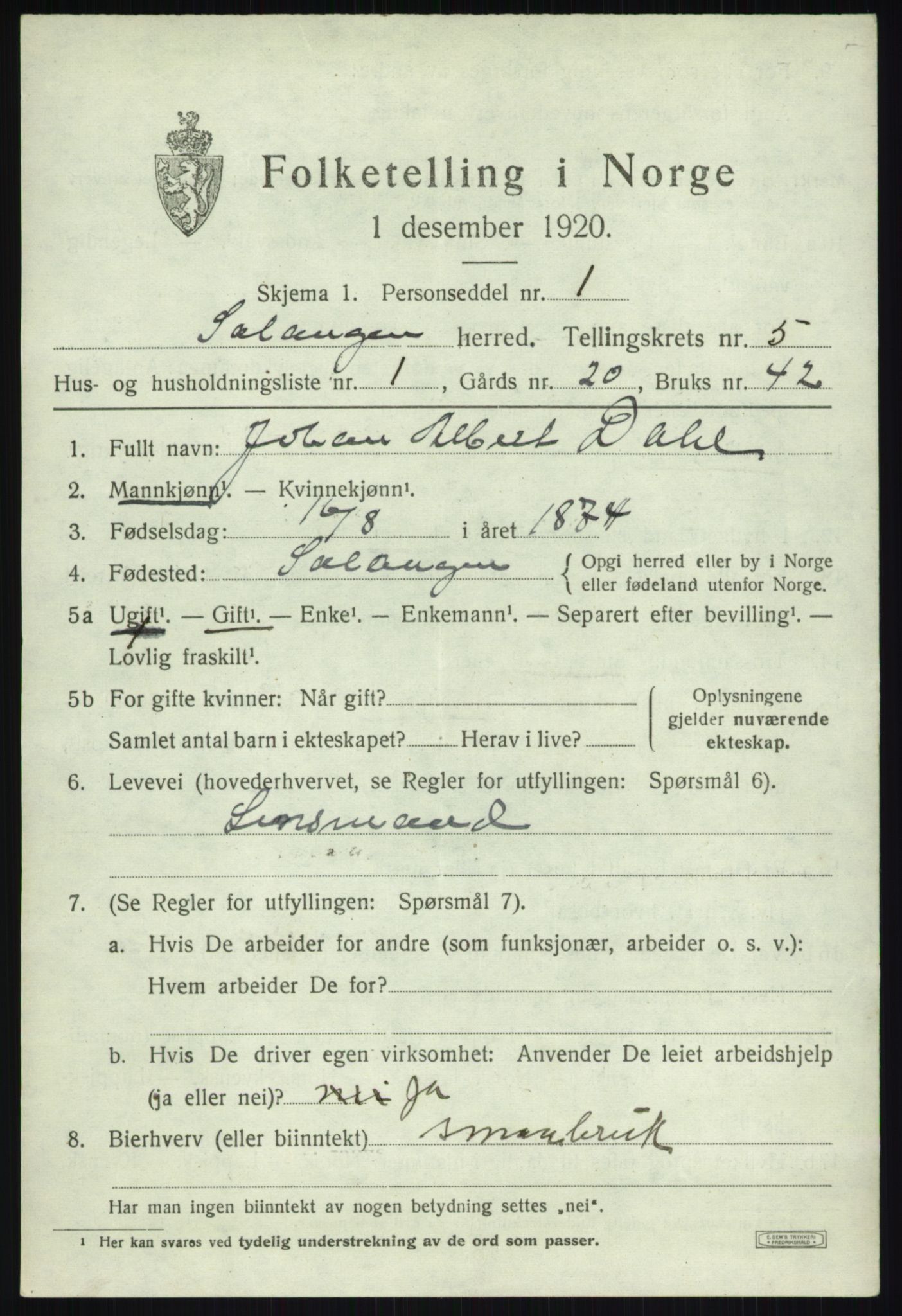 SATØ, 1920 census for Salangen, 1920, p. 3296