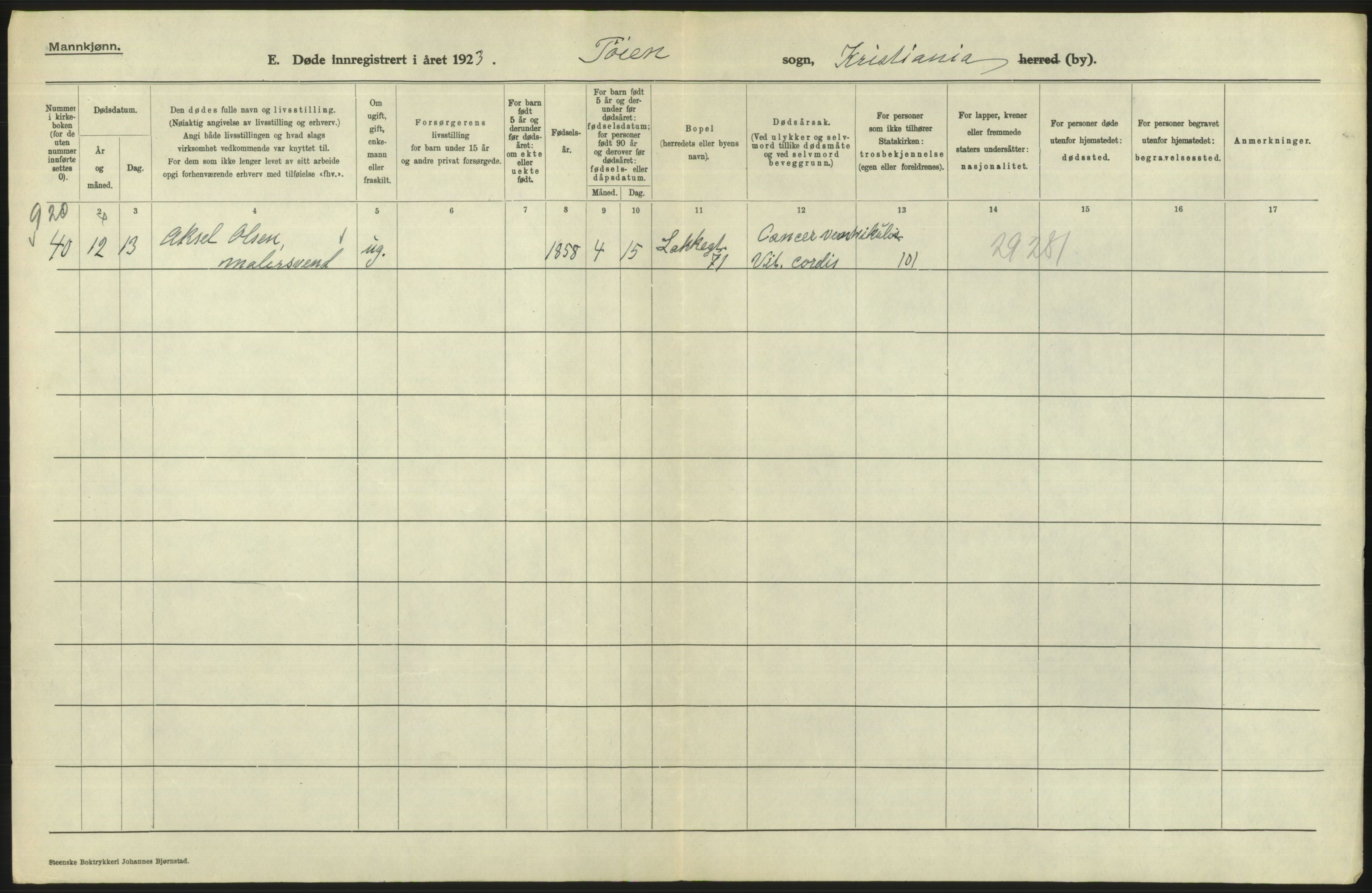 Statistisk sentralbyrå, Sosiodemografiske emner, Befolkning, RA/S-2228/D/Df/Dfc/Dfcc/L0010: Kristiania: Døde, dødfødte, 1923, p. 336