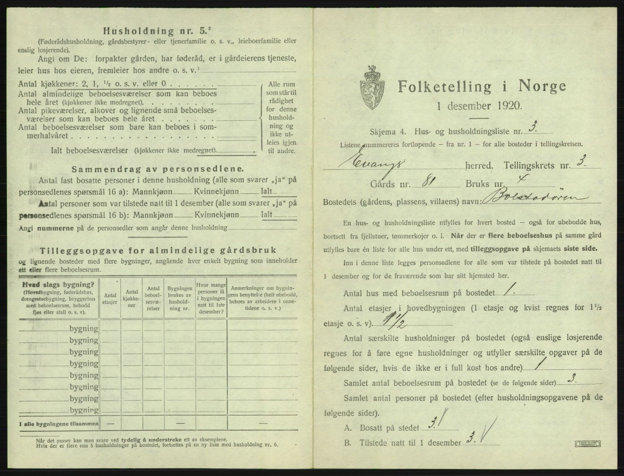 SAB, 1920 census for Evanger, 1920, p. 121