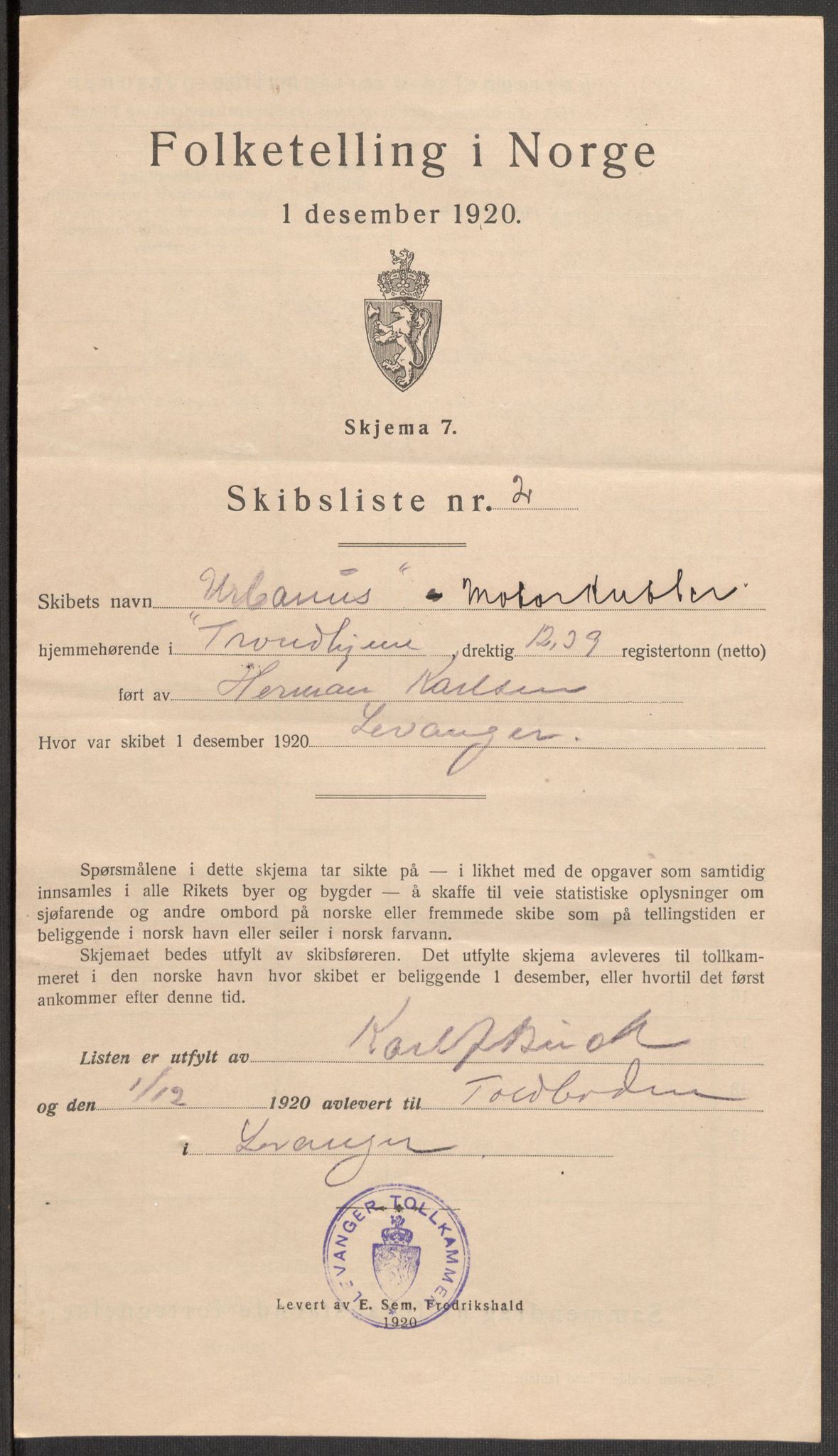 SAT, 1920 census for Levanger town, 1920, p. 4988