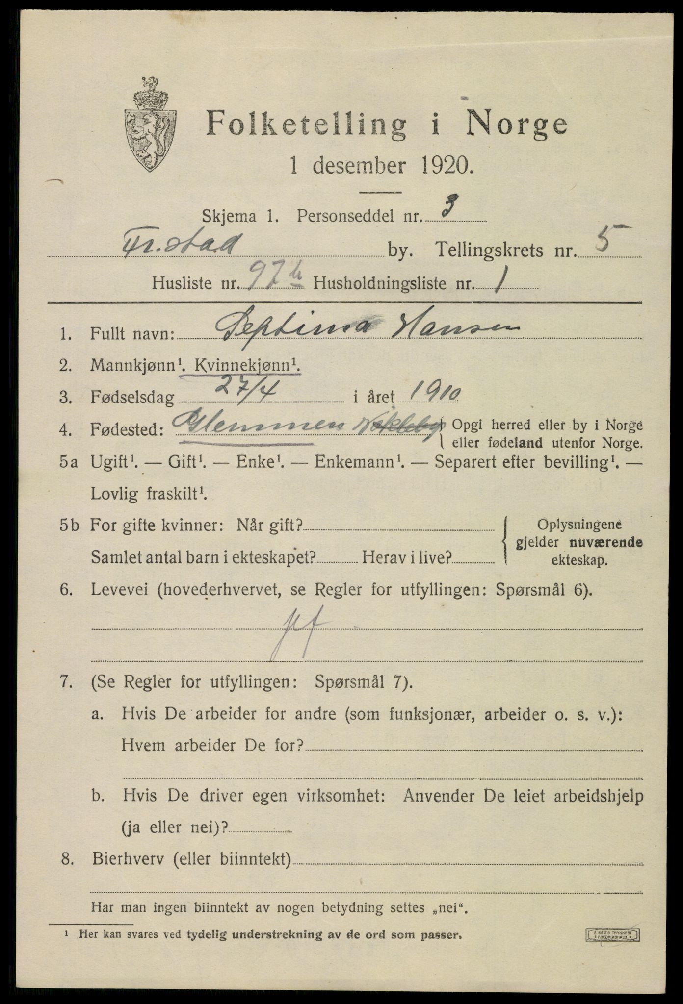 SAO, 1920 census for Fredrikstad, 1920, p. 20231