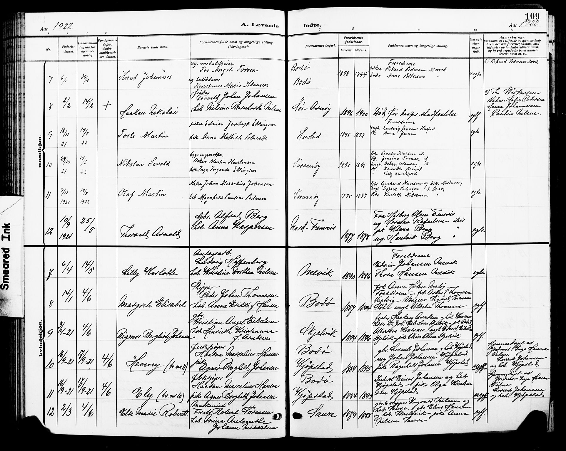 Ministerialprotokoller, klokkerbøker og fødselsregistre - Nordland, AV/SAT-A-1459/805/L0110: Parish register (copy) no. 805C06, 1909-1924, p. 109