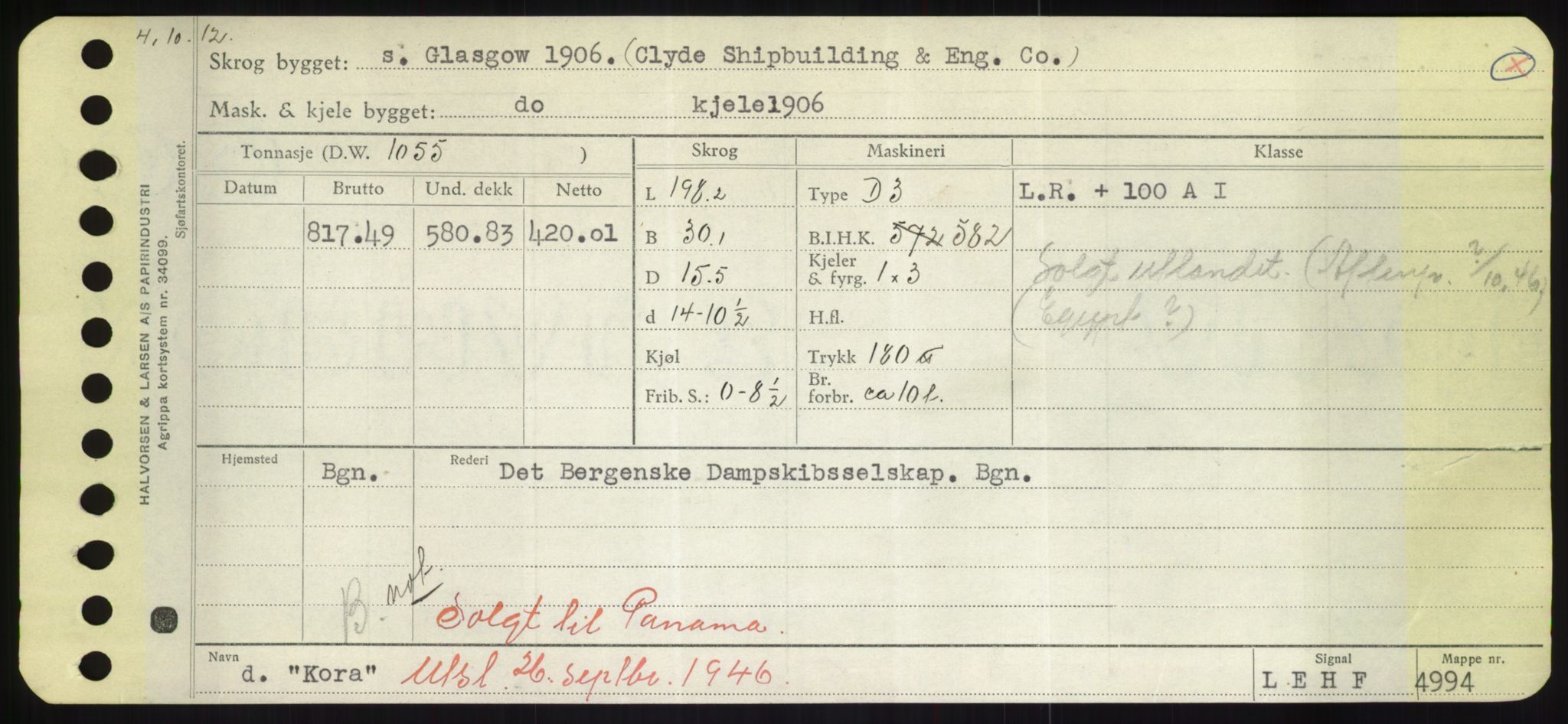 Sjøfartsdirektoratet med forløpere, Skipsmålingen, RA/S-1627/H/Hd/L0021: Fartøy, Kor-Kår, p. 1