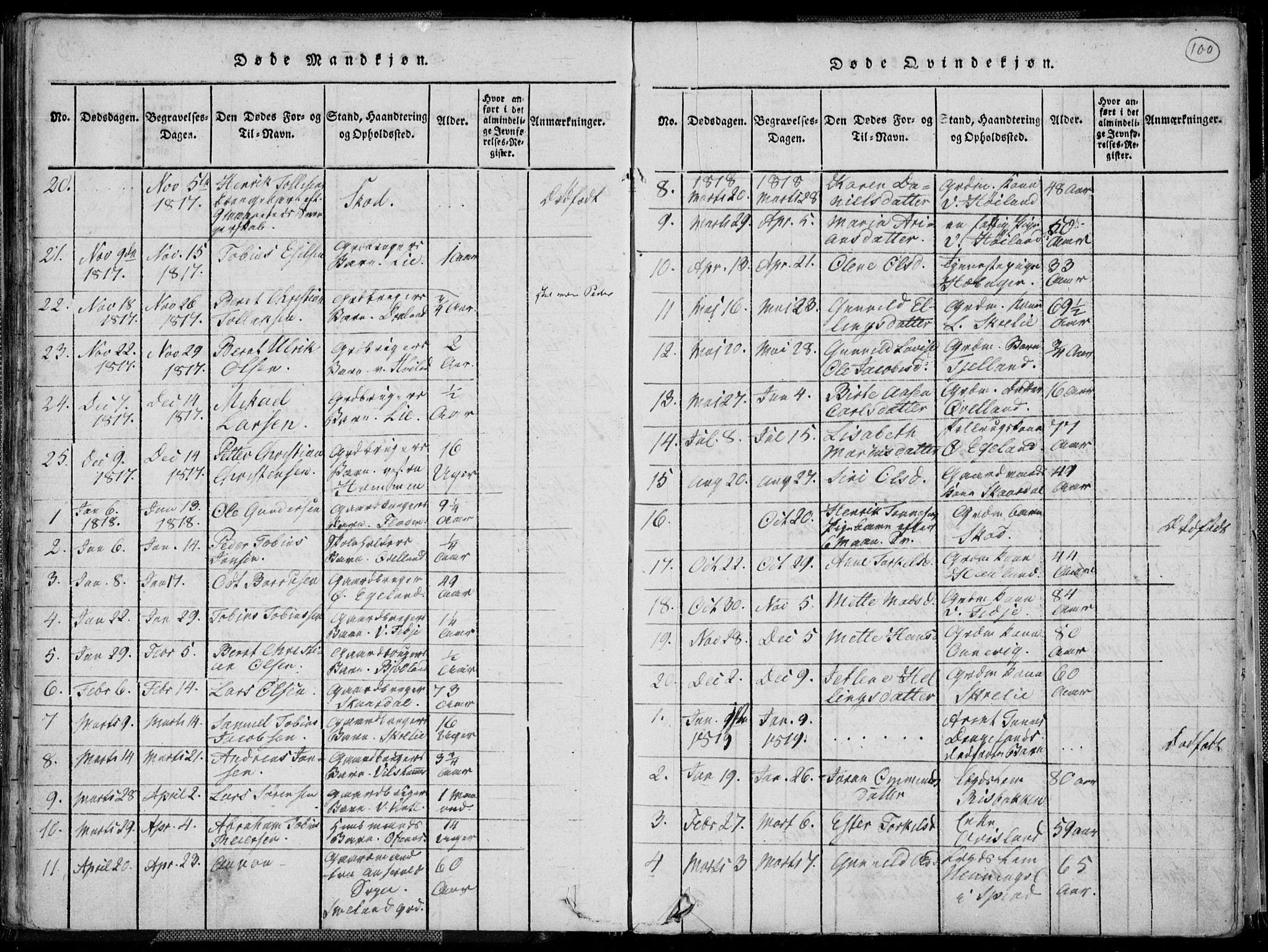 Lyngdal sokneprestkontor, AV/SAK-1111-0029/F/Fa/Fac/L0006: Parish register (official) no. A 6, 1815-1825, p. 100