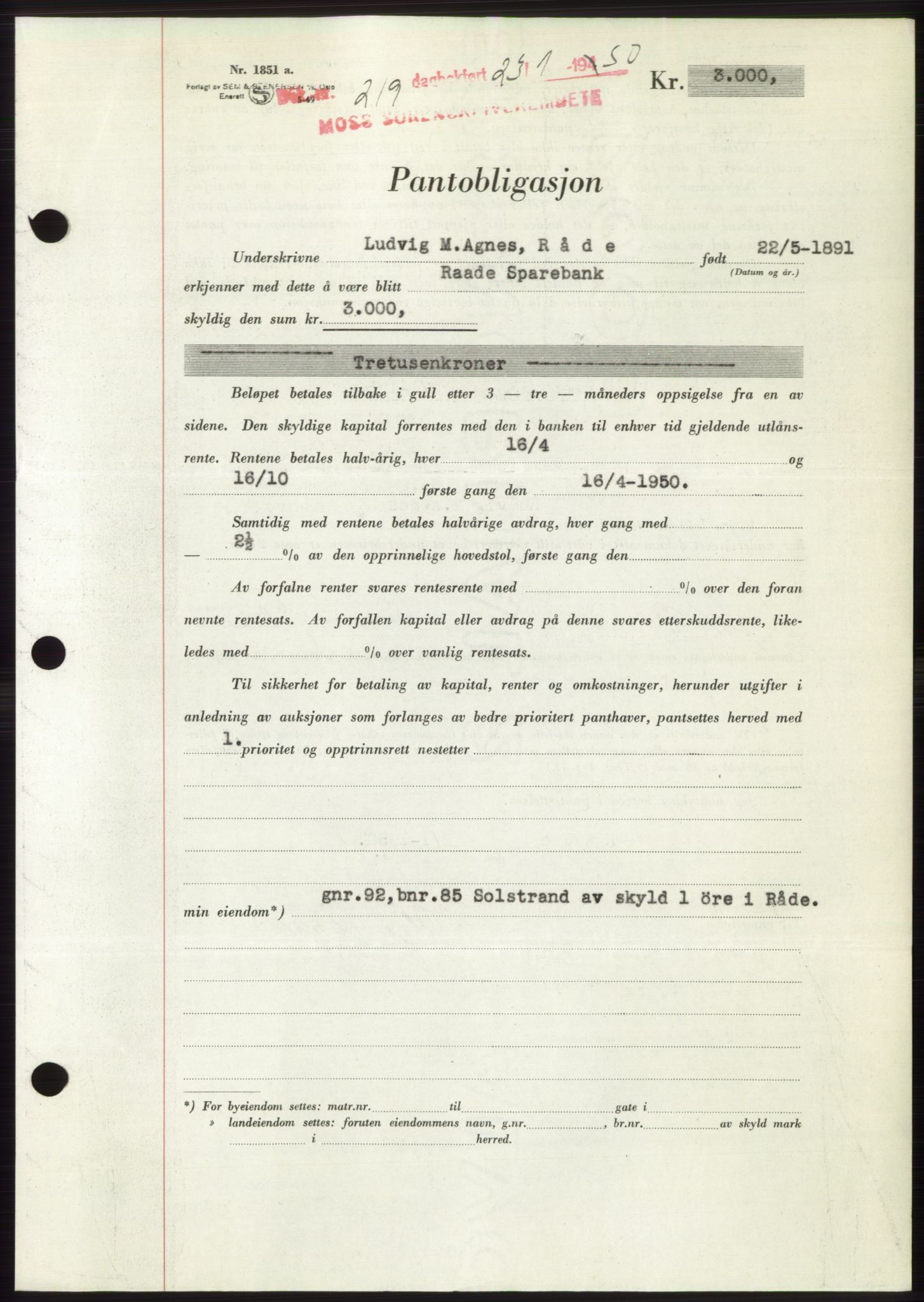 Moss sorenskriveri, SAO/A-10168: Mortgage book no. B23, 1949-1950, Diary no: : 219/1950
