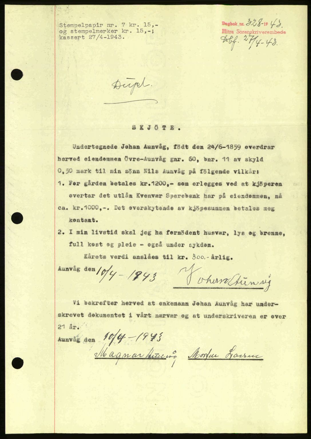 Hitra sorenskriveri, AV/SAT-A-0018/2/2C/2Ca: Mortgage book no. A2, 1943-1945, Diary no: : 328/1943