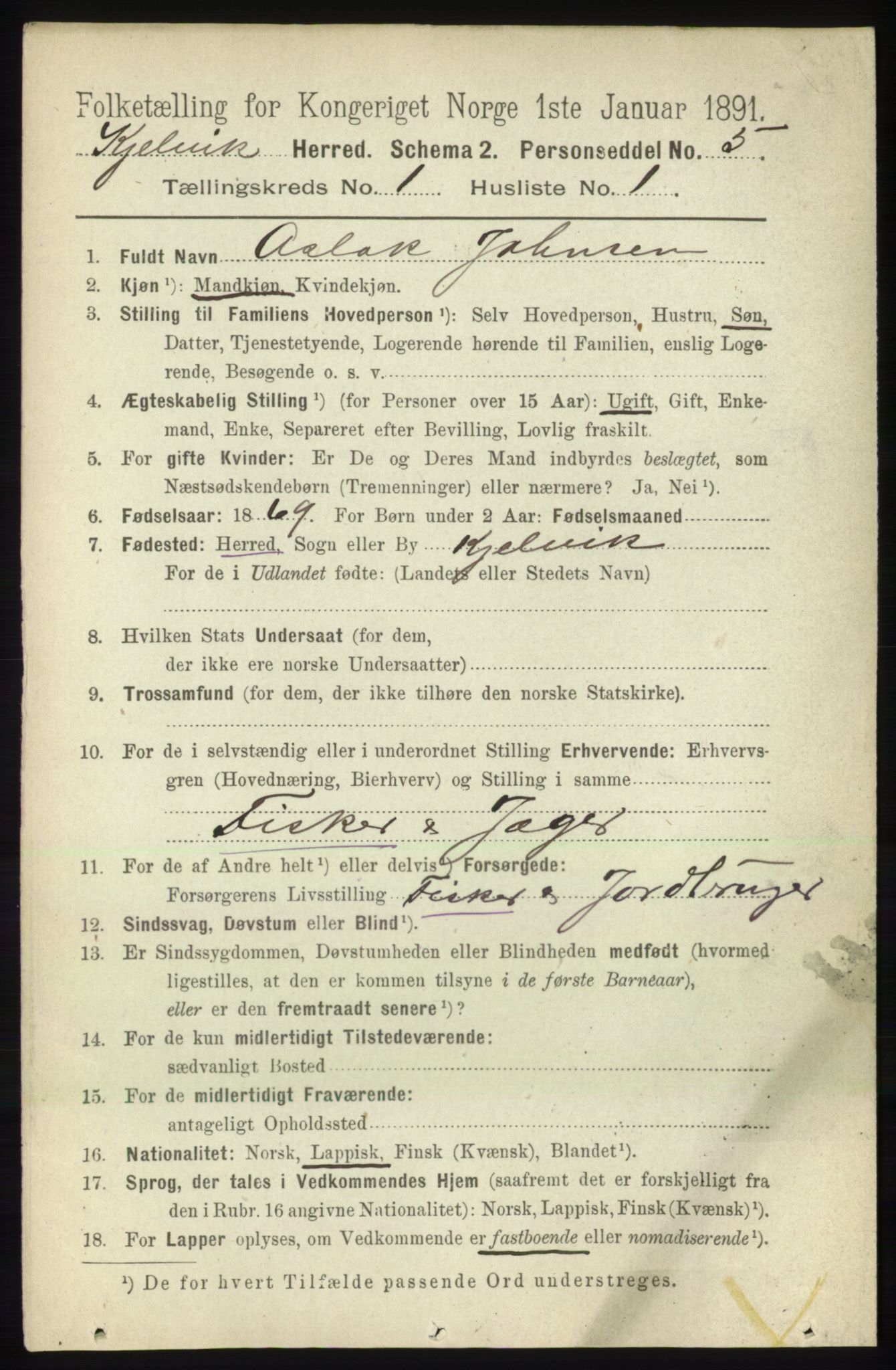 RA, 1891 census for 2019 Kjelvik, 1891, p. 39