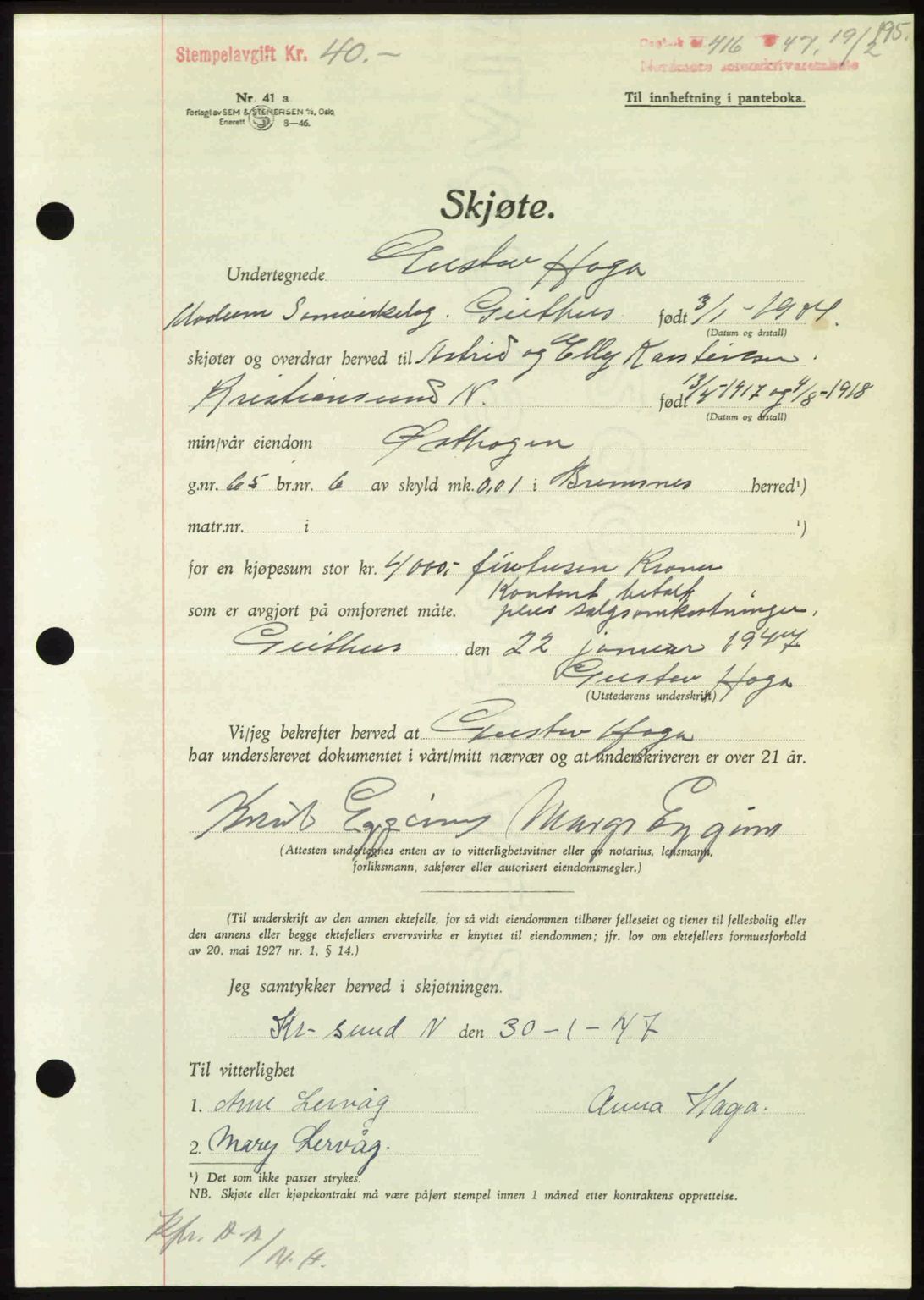 Nordmøre sorenskriveri, AV/SAT-A-4132/1/2/2Ca: Mortgage book no. A104, 1947-1947, Diary no: : 416/1947