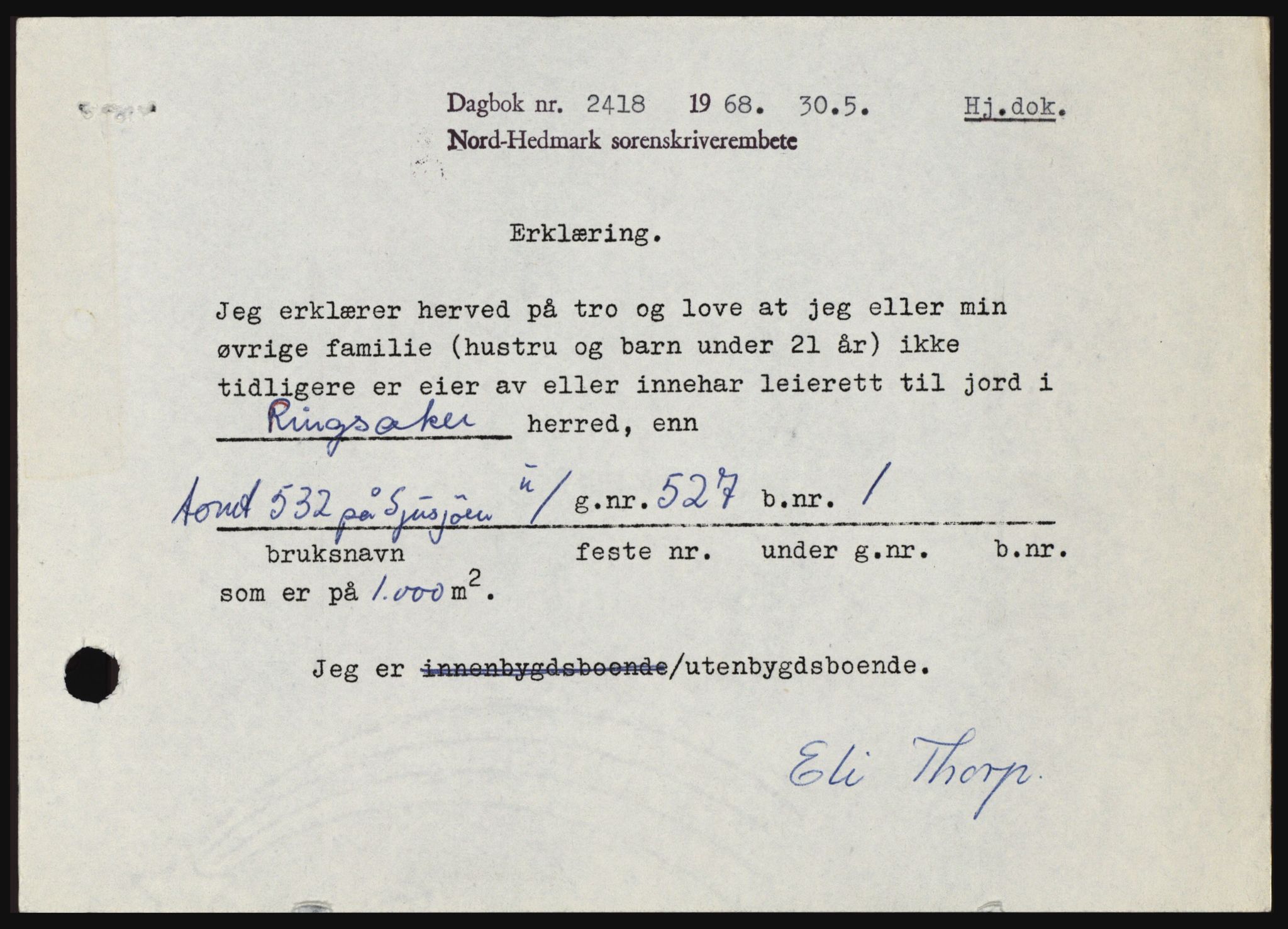 Nord-Hedmark sorenskriveri, SAH/TING-012/H/Hc/L0028: Mortgage book no. 28, 1968-1968, Diary no: : 2418/1968