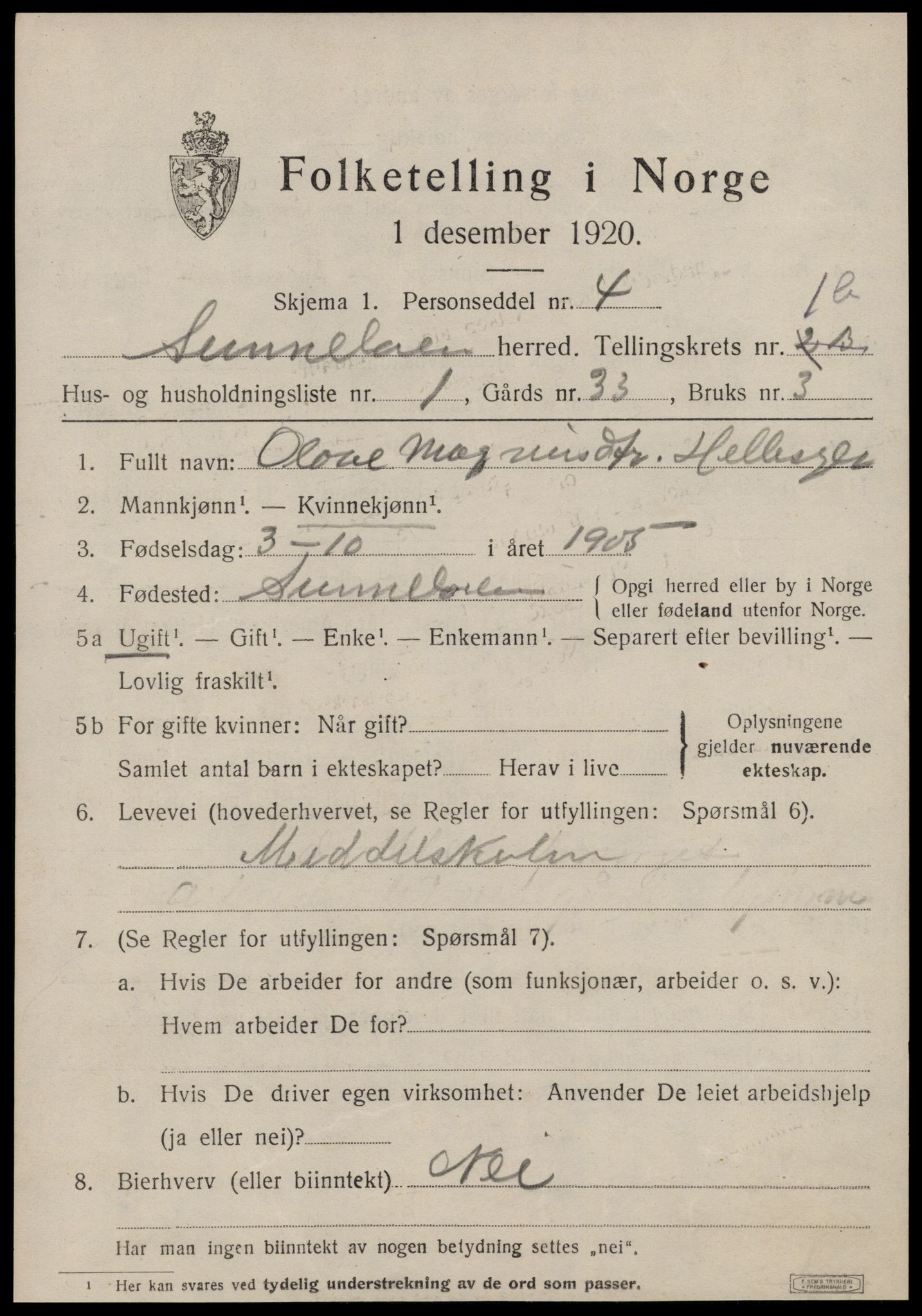 SAT, 1920 census for Sunnylven, 1920, p. 916