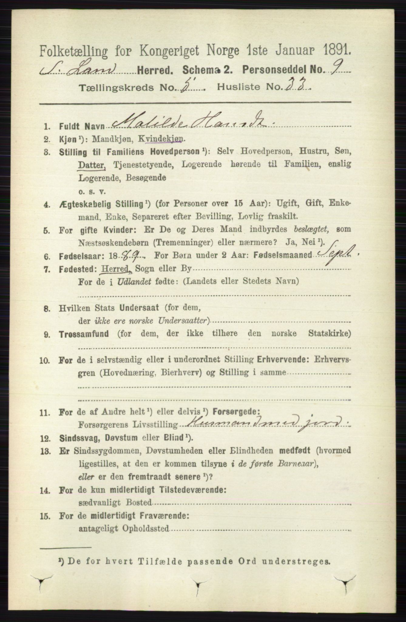 RA, 1891 census for 0536 Søndre Land, 1891, p. 5030