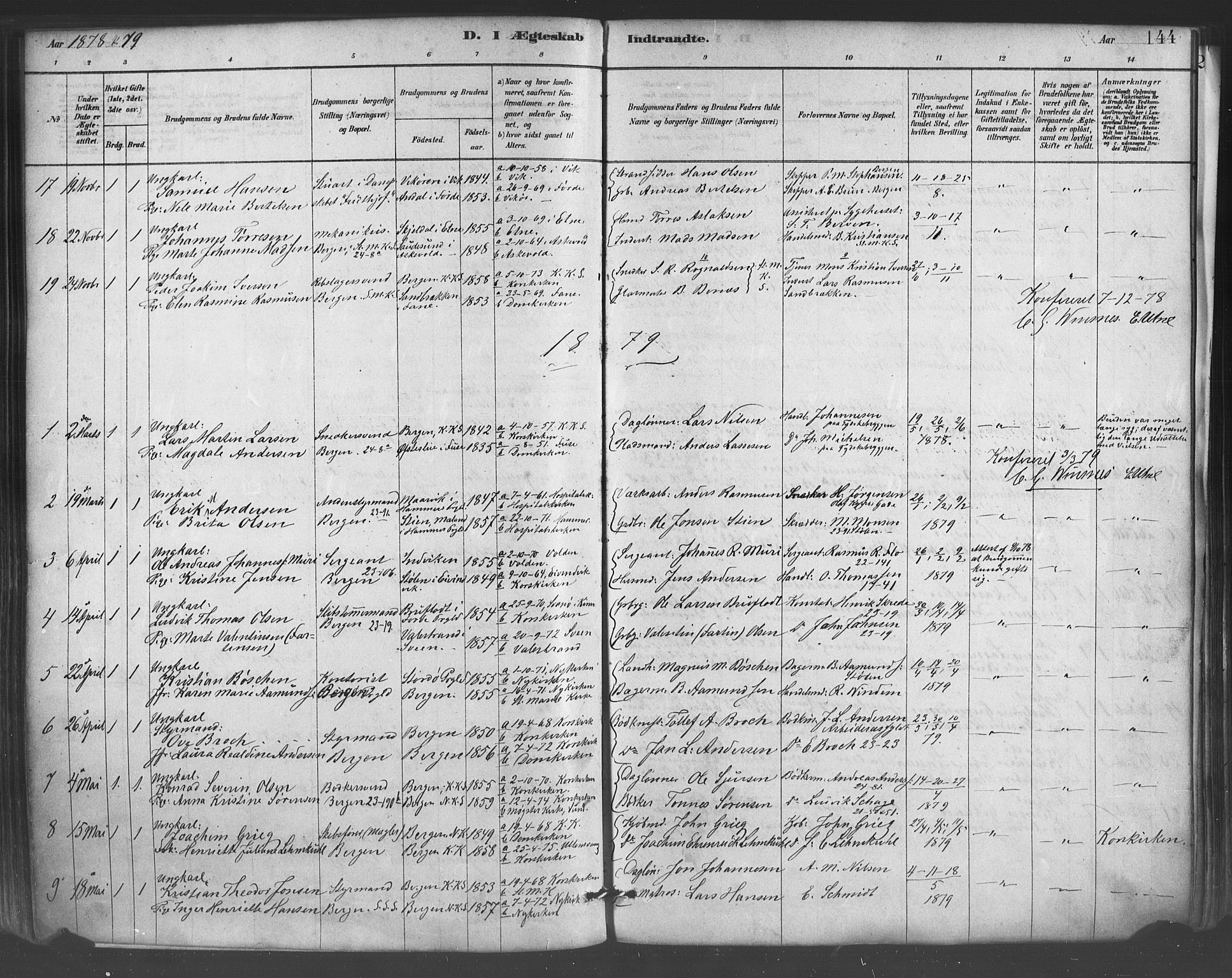 Mariakirken Sokneprestembete, AV/SAB-A-76901/H/Haa/L0007: Parish register (official) no. A 7, 1878-1893, p. 144