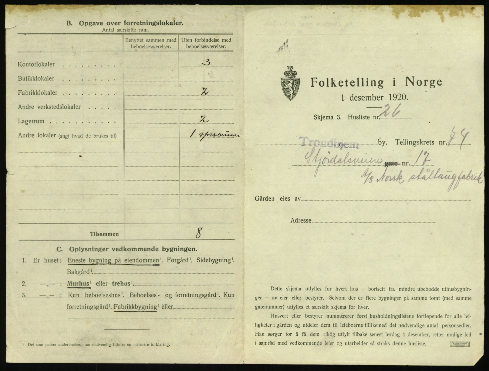 SAT, 1920 census for Trondheim, 1920, p. 8538