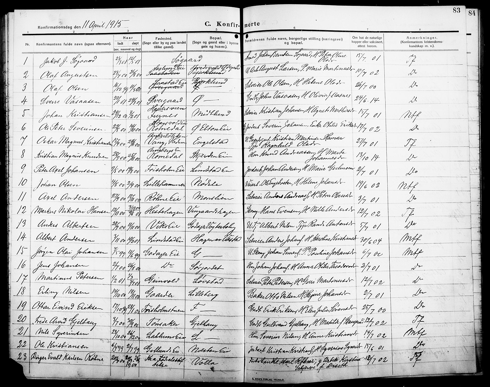 Stange prestekontor, SAH/PREST-002/L/L0014: Parish register (copy) no. 14, 1909-1917, p. 83